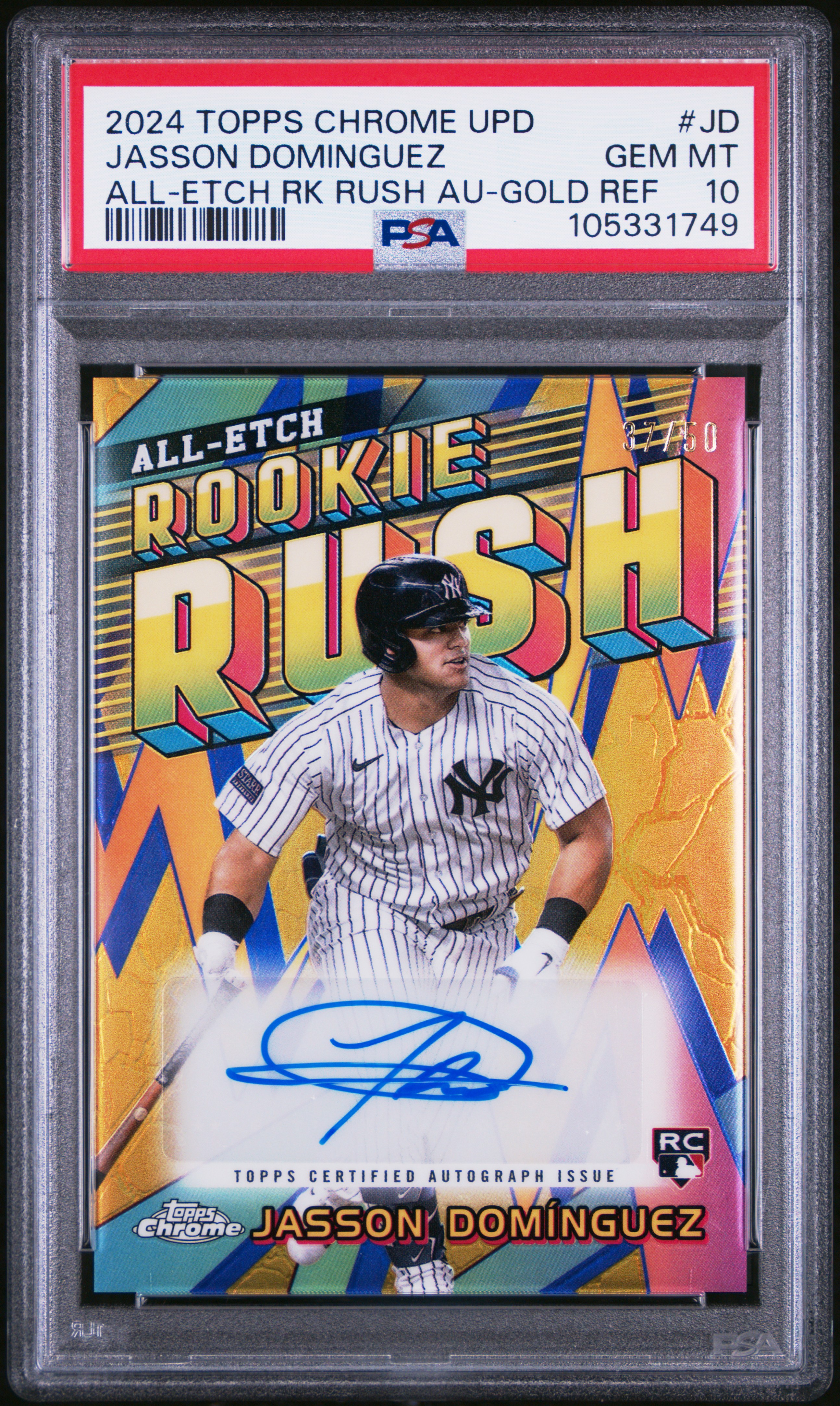 2024 Topps Chrome Update Chrome All-Etch Rookie Rush Autographs Jasson Dominguez #Jd (All-Etch Rk Rush Au-Gold Ref) Gem Mt 10 front