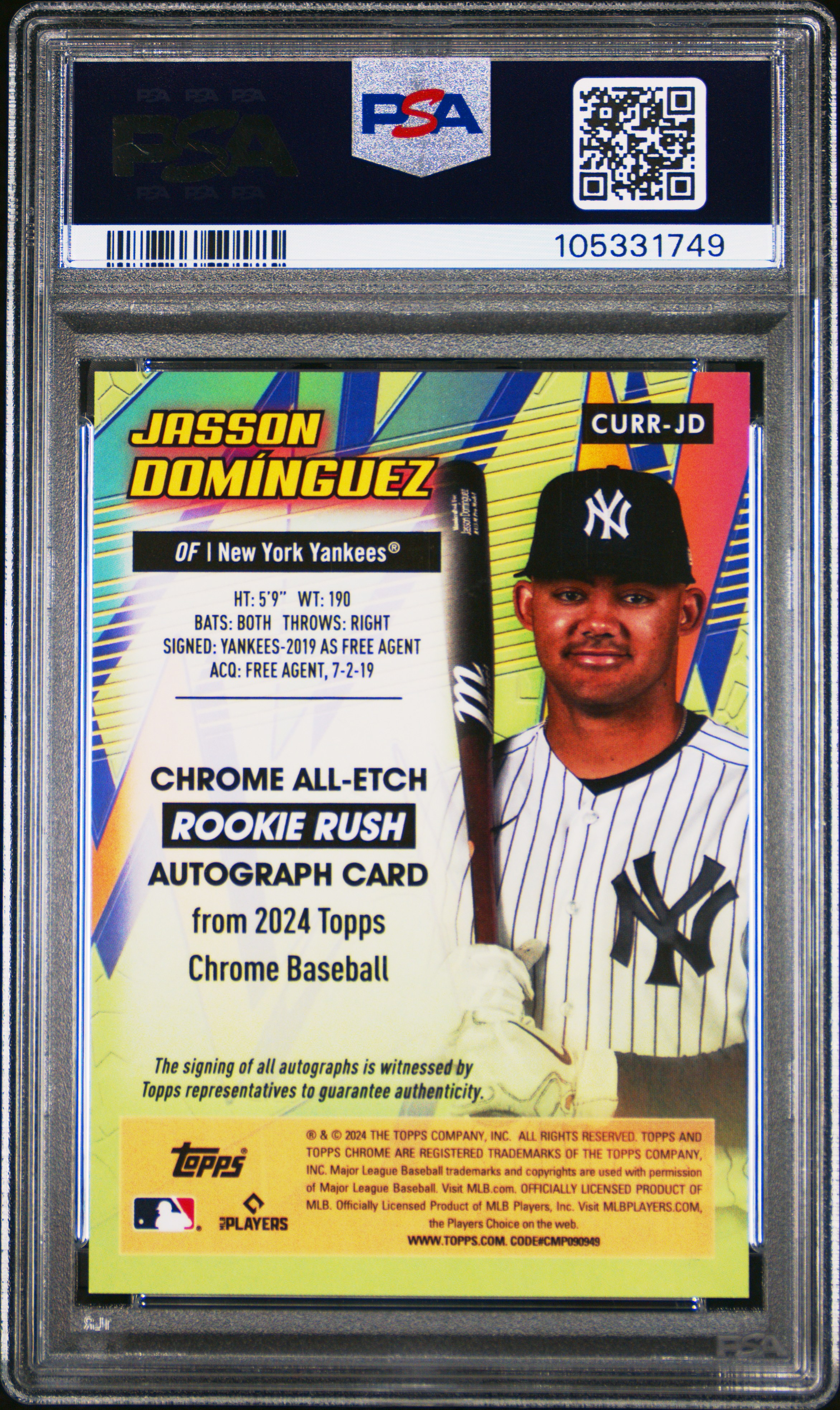 2024 Topps Chrome Update Chrome All-Etch Rookie Rush Autographs Jasson Dominguez #Jd (All-Etch Rk Rush Au-Gold Ref) Gem Mt 10 back