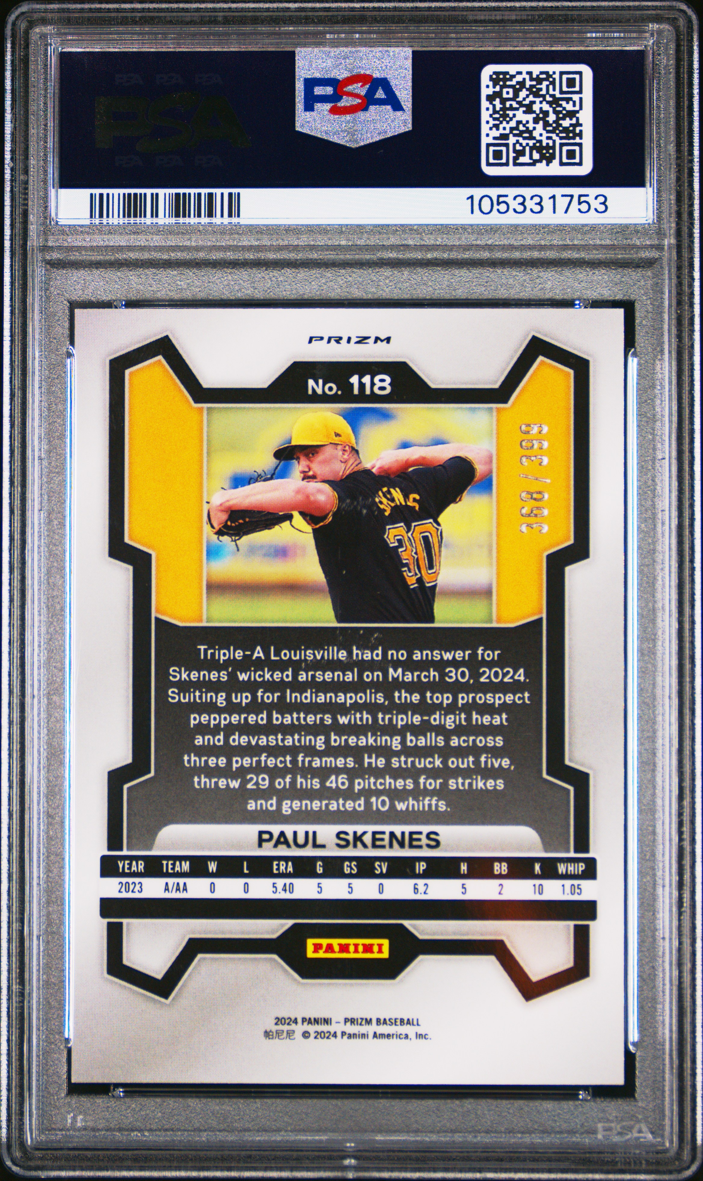 2024 Panini Prizm Paul Skenes #118 (Red Pulsar) Gem Mt 10 back