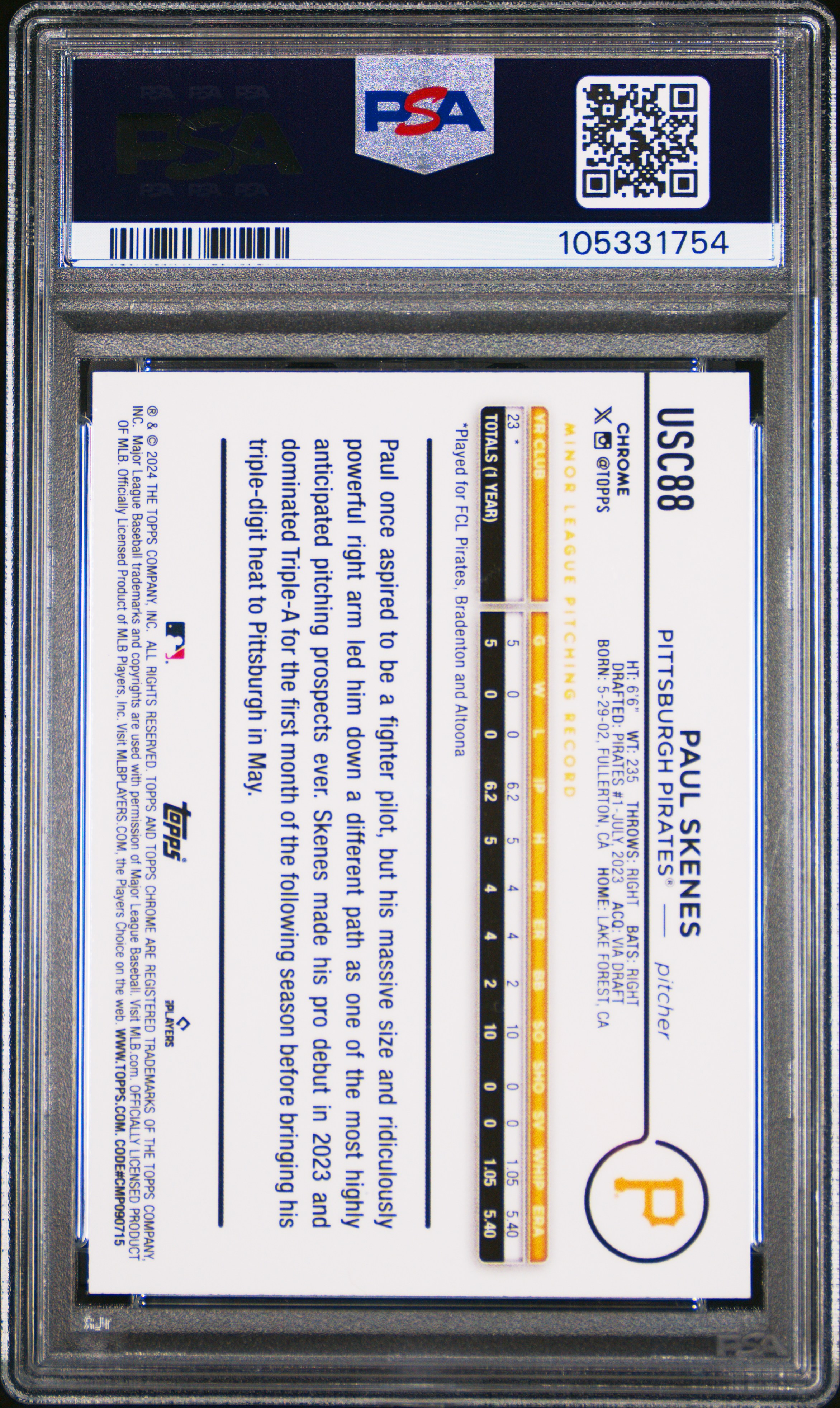 2024 Topps Chrome Update Paul Skenes #Usc88 (Aqua Refractor) Gem Mt 10 back