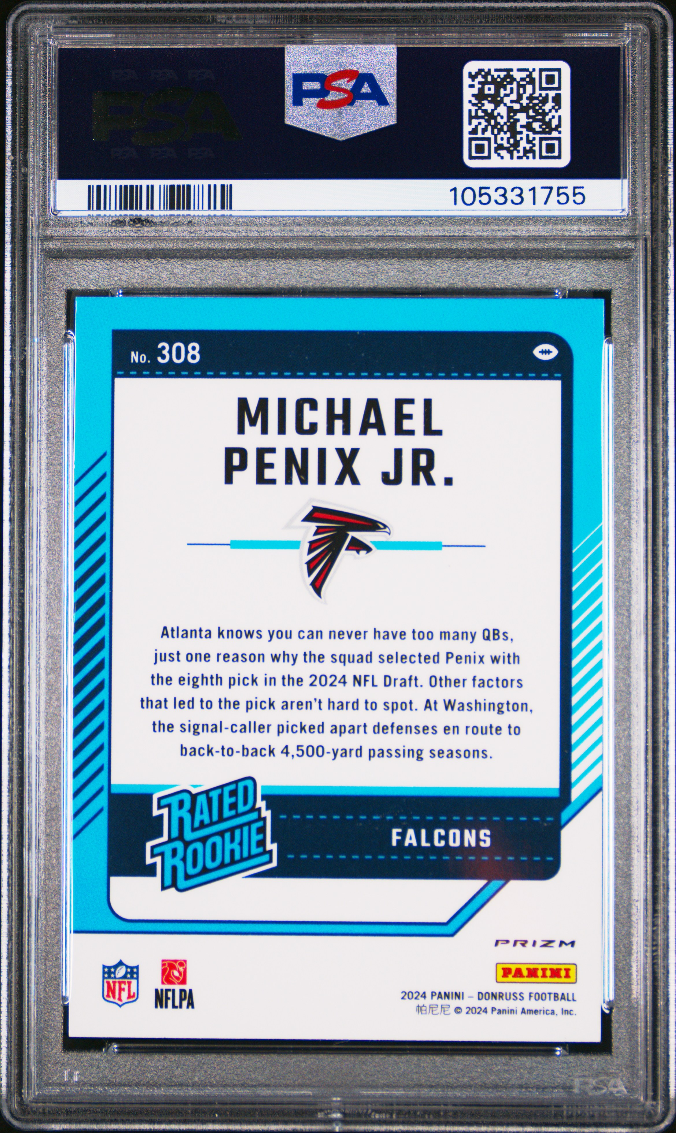 2024 Panini Donruss Michael Penix Jr. #308 (Optic Preview-Red Pandora) Gem Mt 10 back
