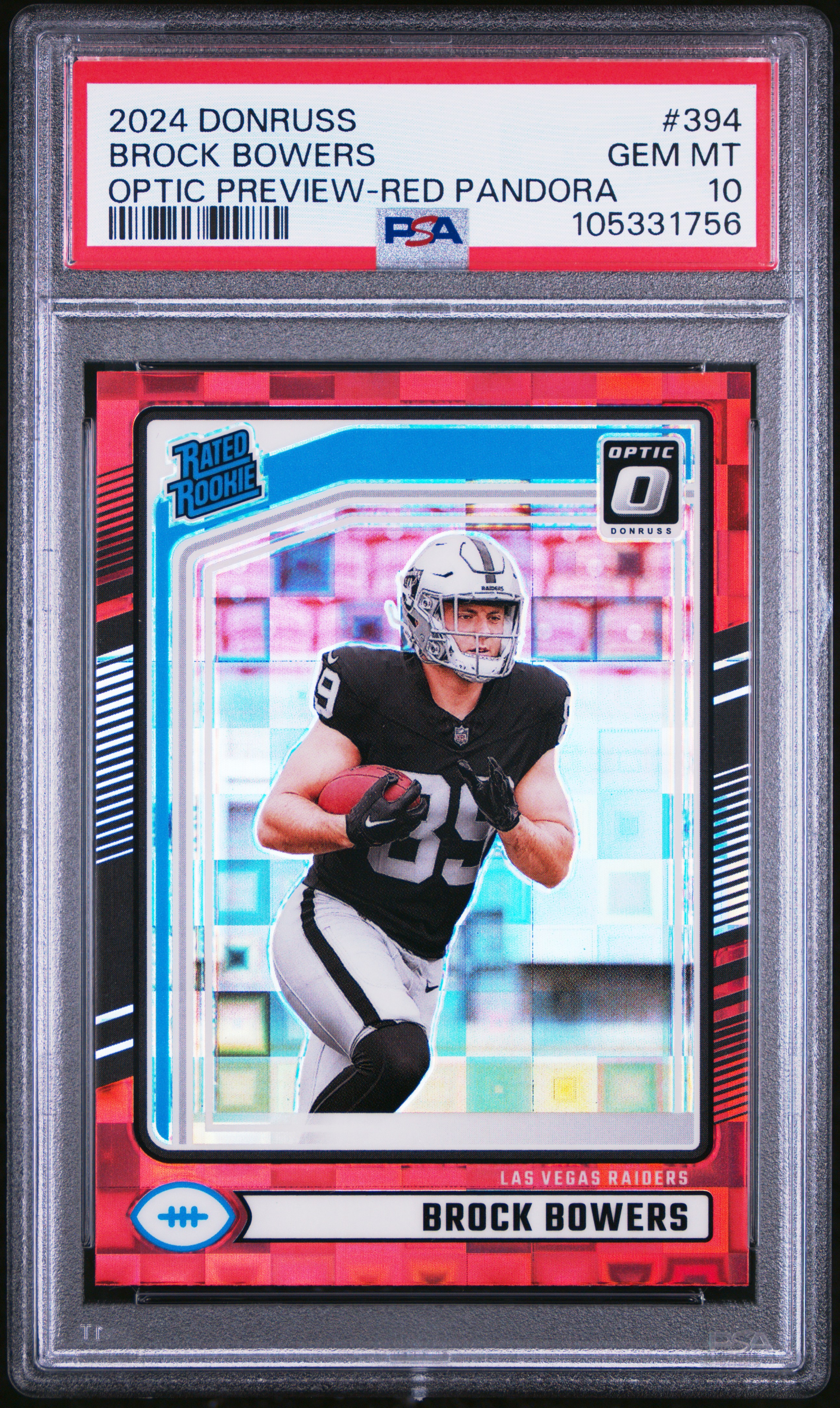 2024 Panini Donruss Brock Bowers #394 (Optic Preview-Red Pandora) Gem Mt 10 front