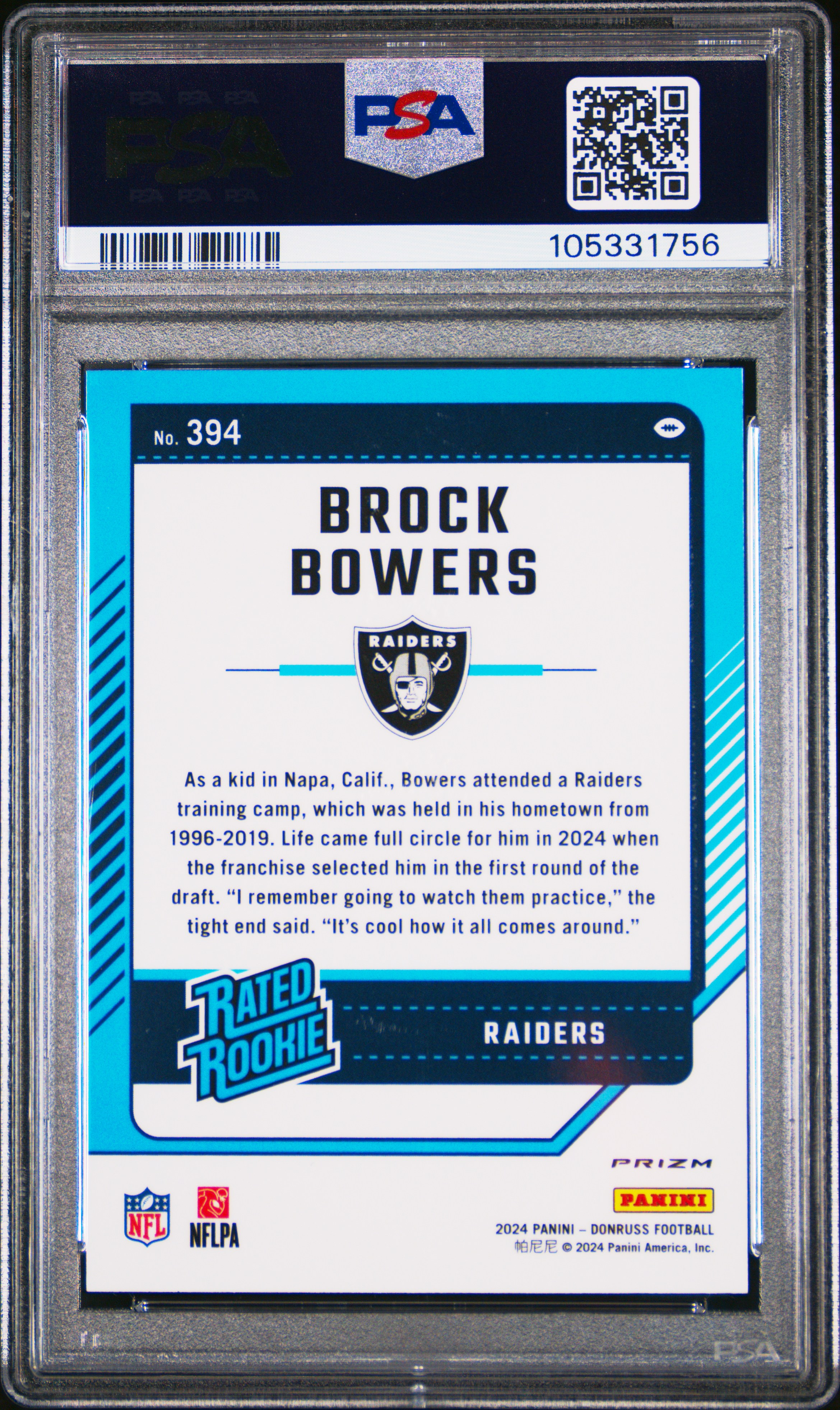 2024 Panini Donruss Brock Bowers #394 (Optic Preview-Red Pandora) Gem Mt 10 back