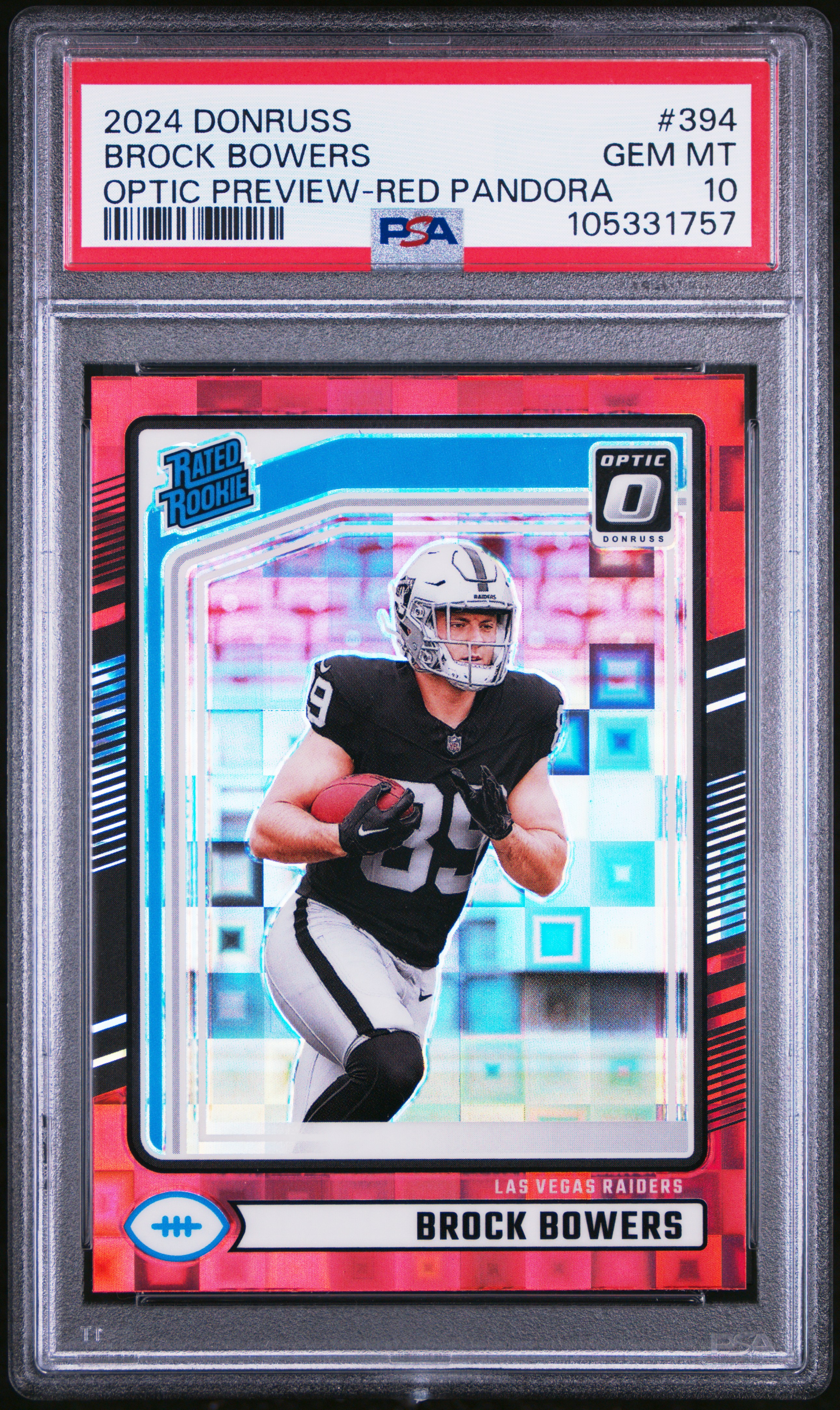 2024 Panini Donruss Brock Bowers #394 (Optic Preview-Red Pandora) Gem Mt 10 front
