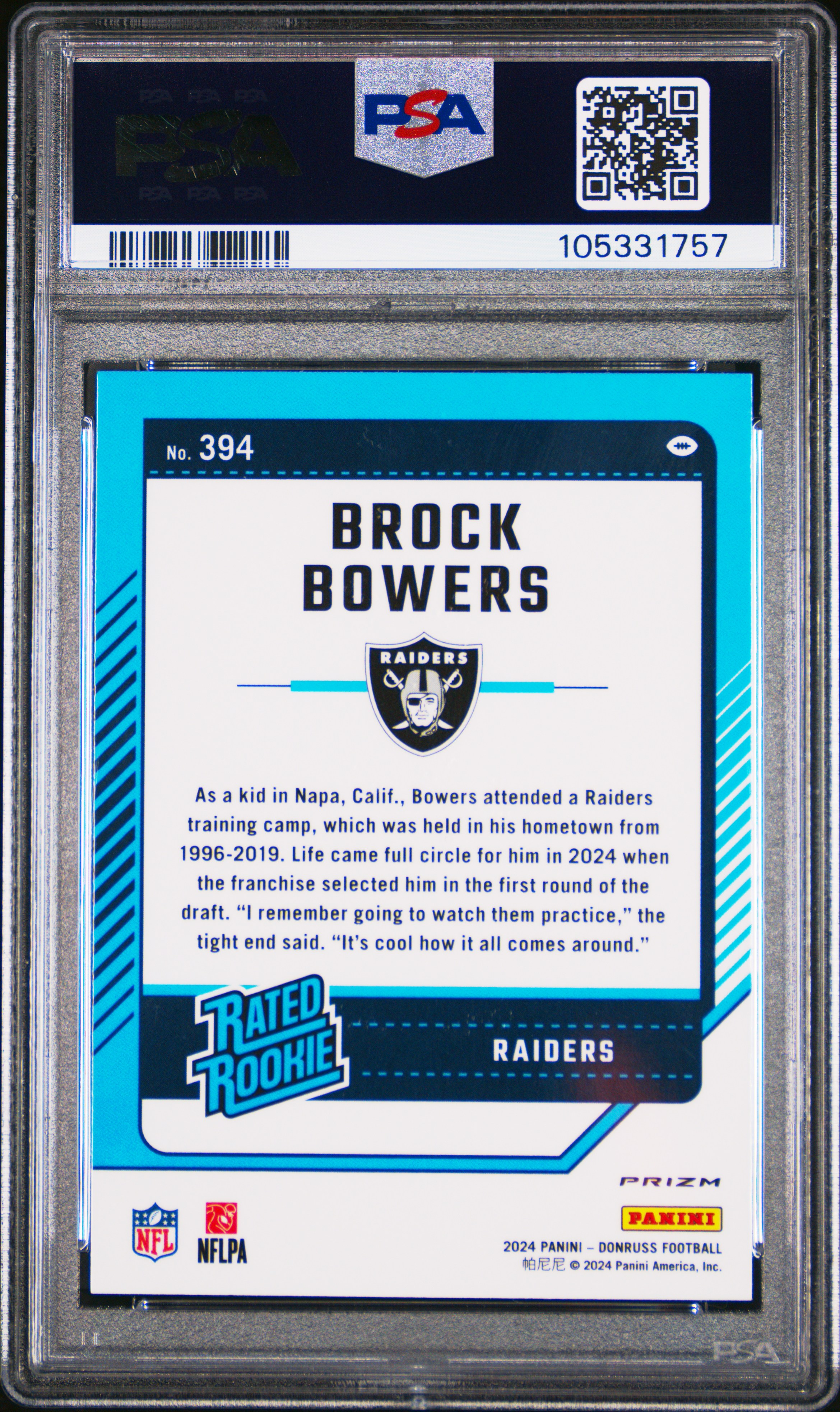 2024 Panini Donruss Brock Bowers #394 (Optic Preview-Red Pandora) Gem Mt 10 back