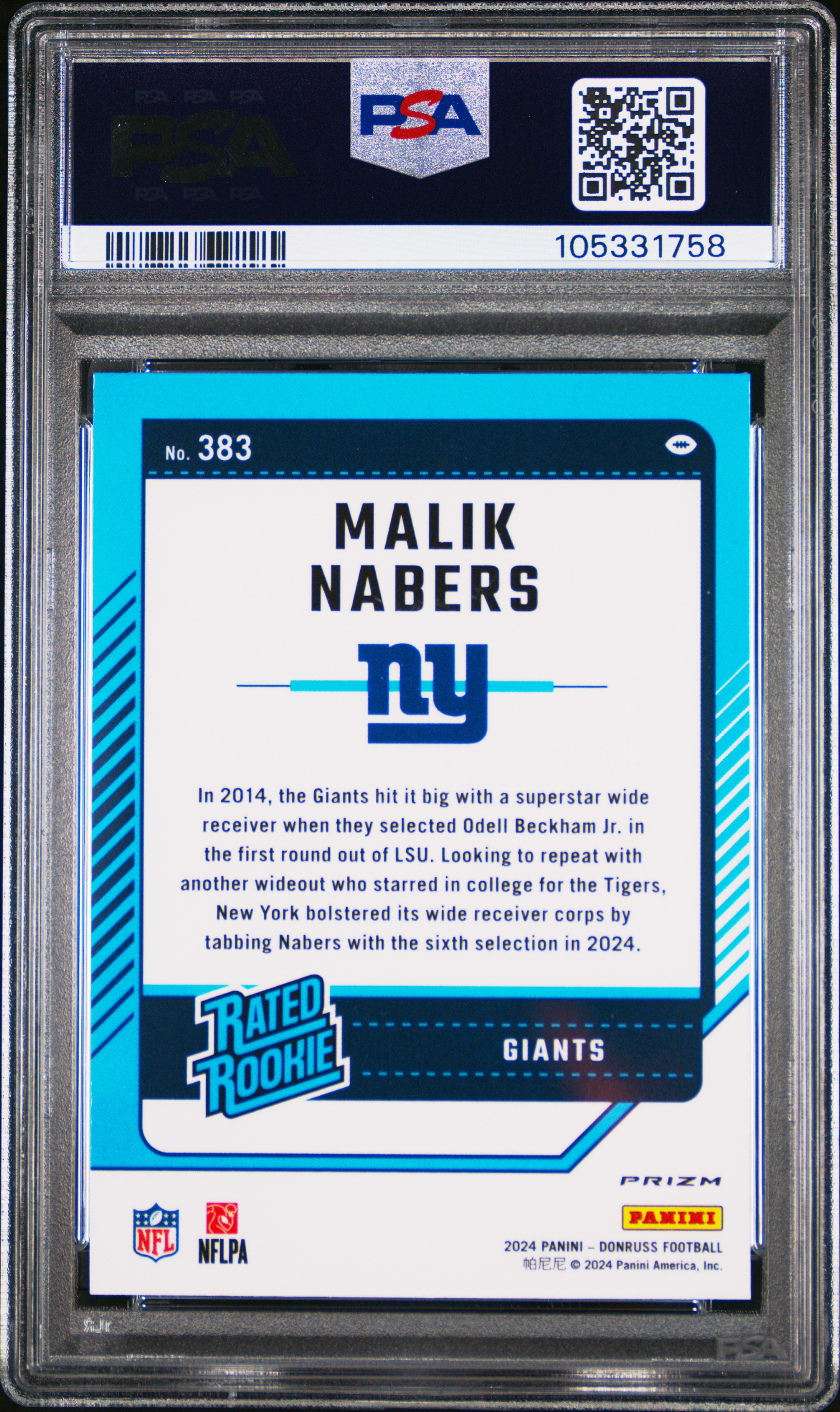 2024 Panini Donruss Malik Nabers #383 (Optic Preview-Red Pandora) Gem Mt 10 back