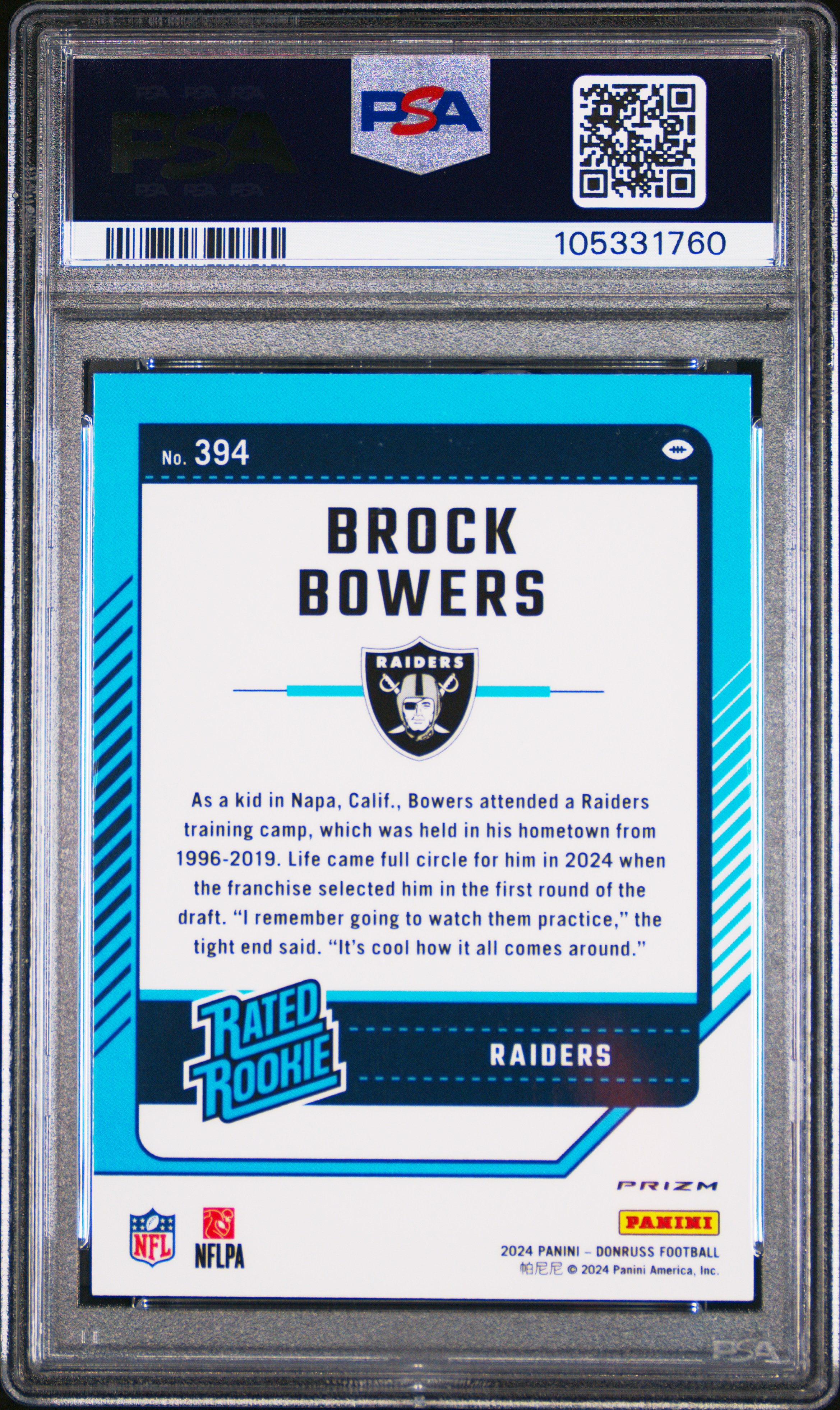 2024 Panini Donruss Brock Bowers #394 (Optic Preview-Red Pandora) Mint 9 back