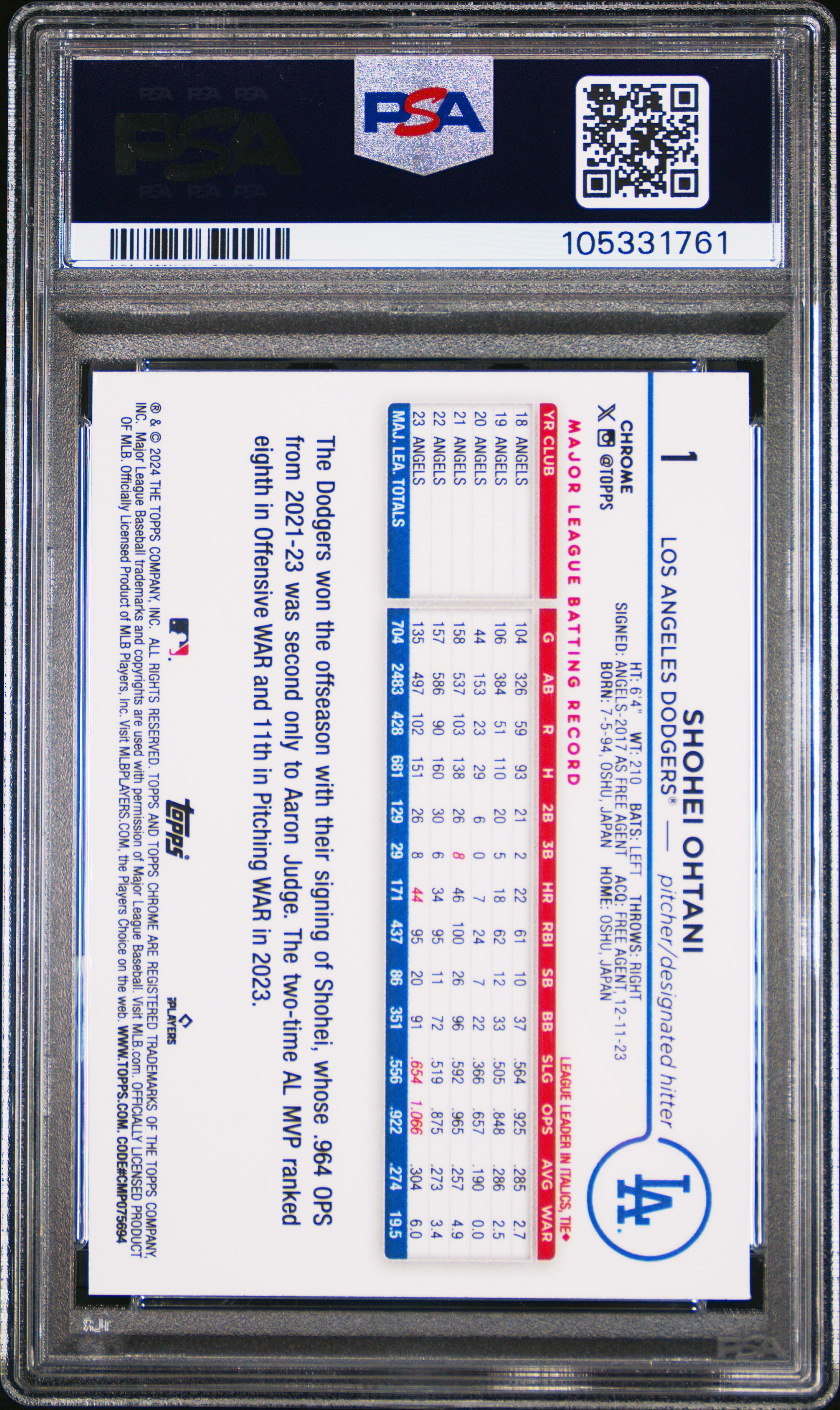 2024 Topps Chrome Shohei Ohtani #1 (X-Fractor) Mint 9 back