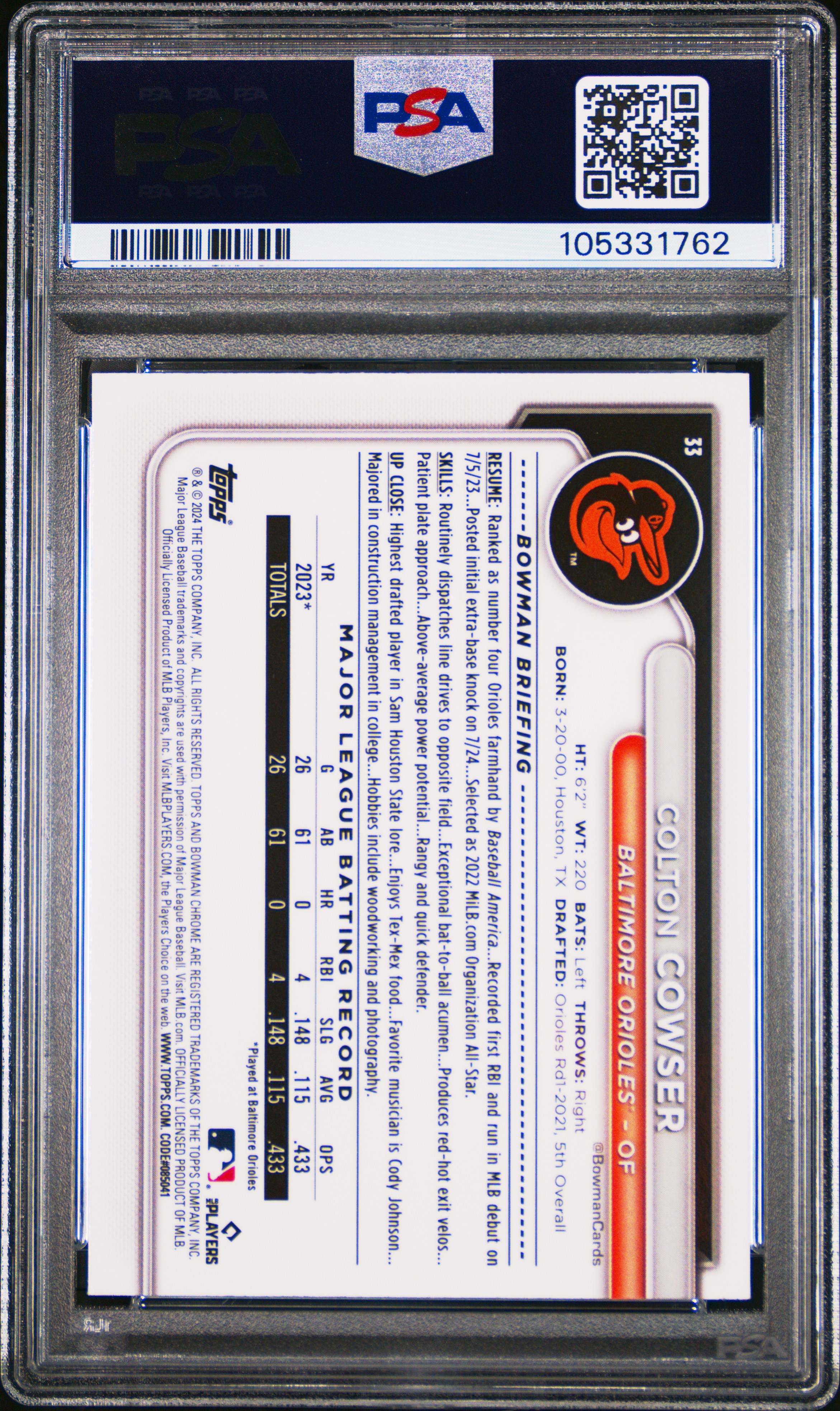 2024 Bowman Chrome Sapphire Edition Colton Cowser #33 (Yellow) Mint 9 back