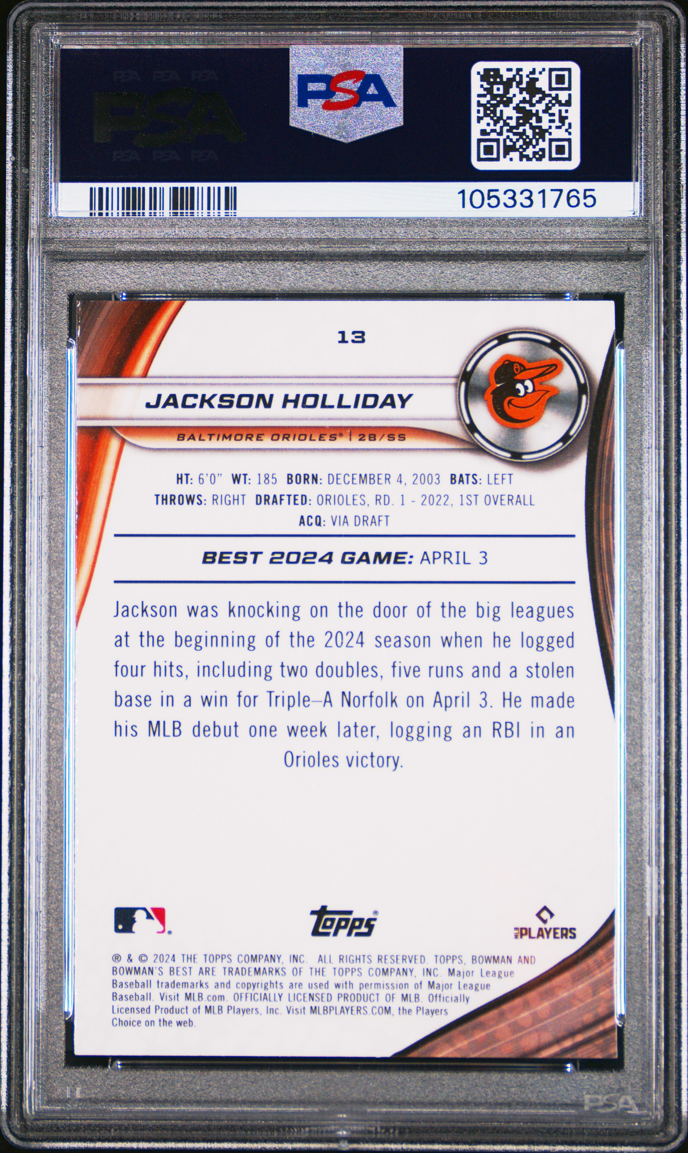 2024 Bowman's Best Jackson Holliday #13 (Purple Mojo) Gem Mt 10 back