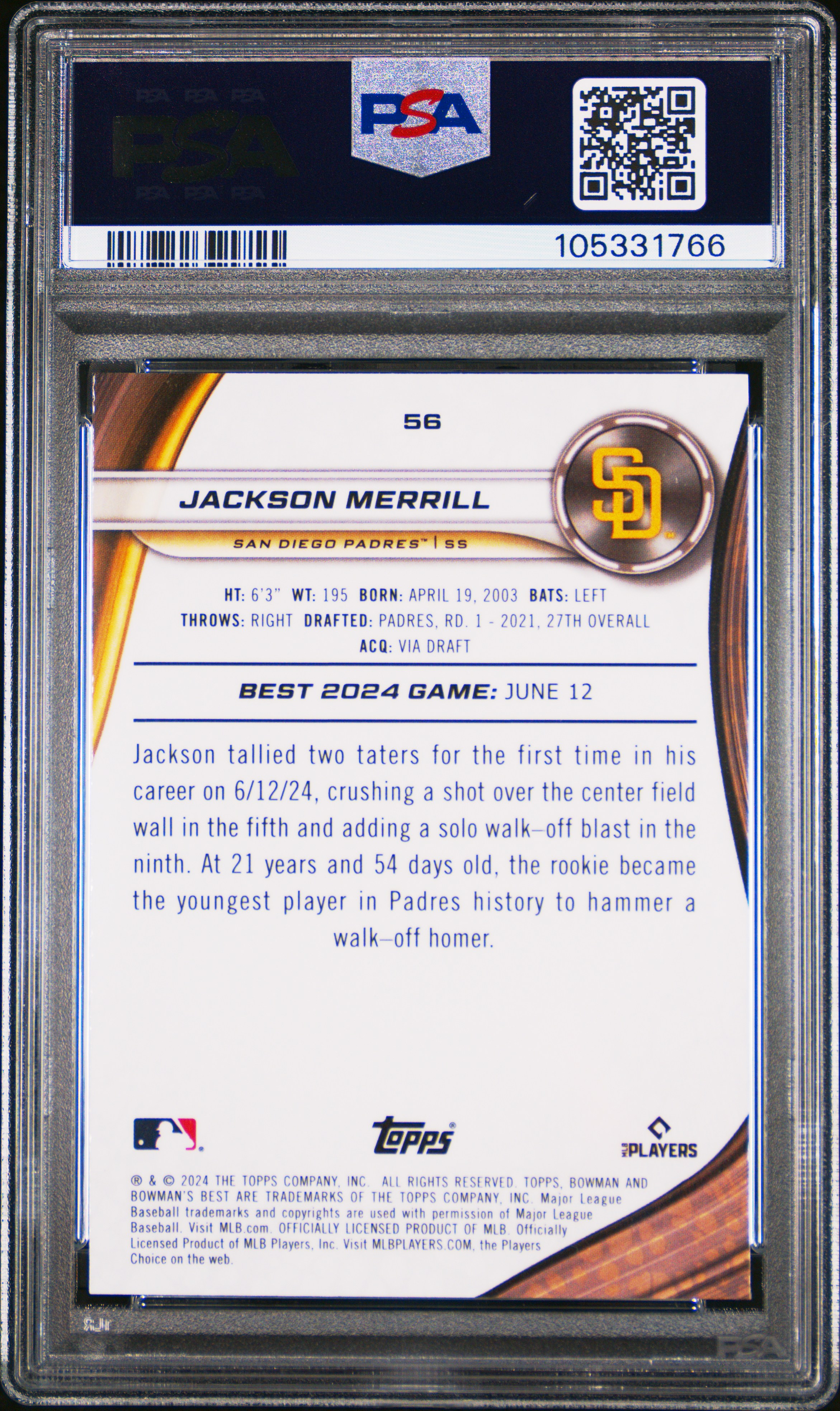 2024 Bowman's Best Jackson Merrill #56 (Purple Mojo) Gem Mt 10 back