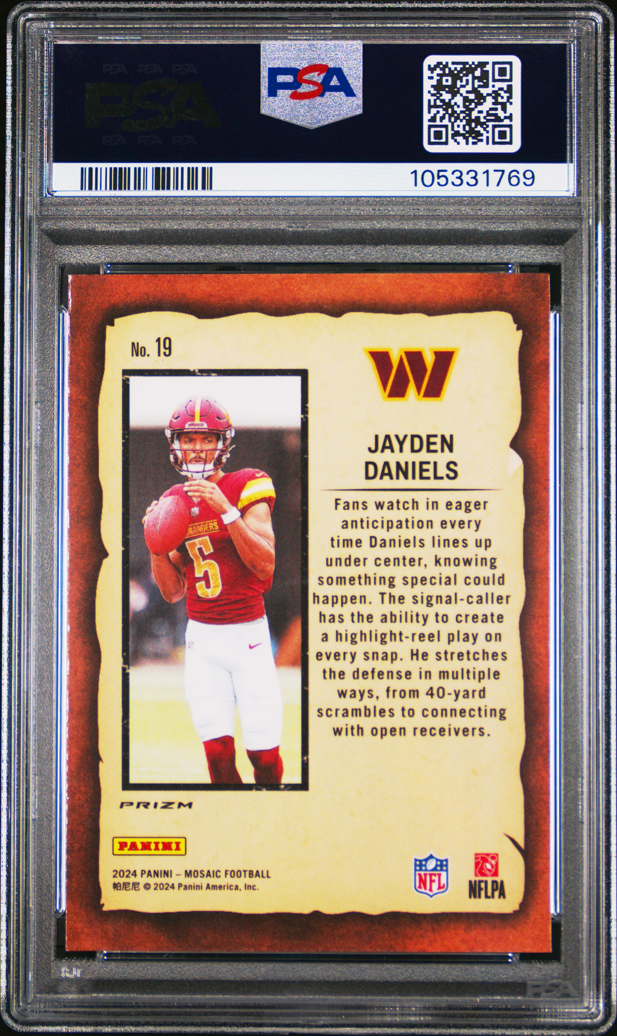 2024 Panini Mosaic Notoriety Jayden Daniels #19 (Notoriety-Green) Gem Mt 10 back