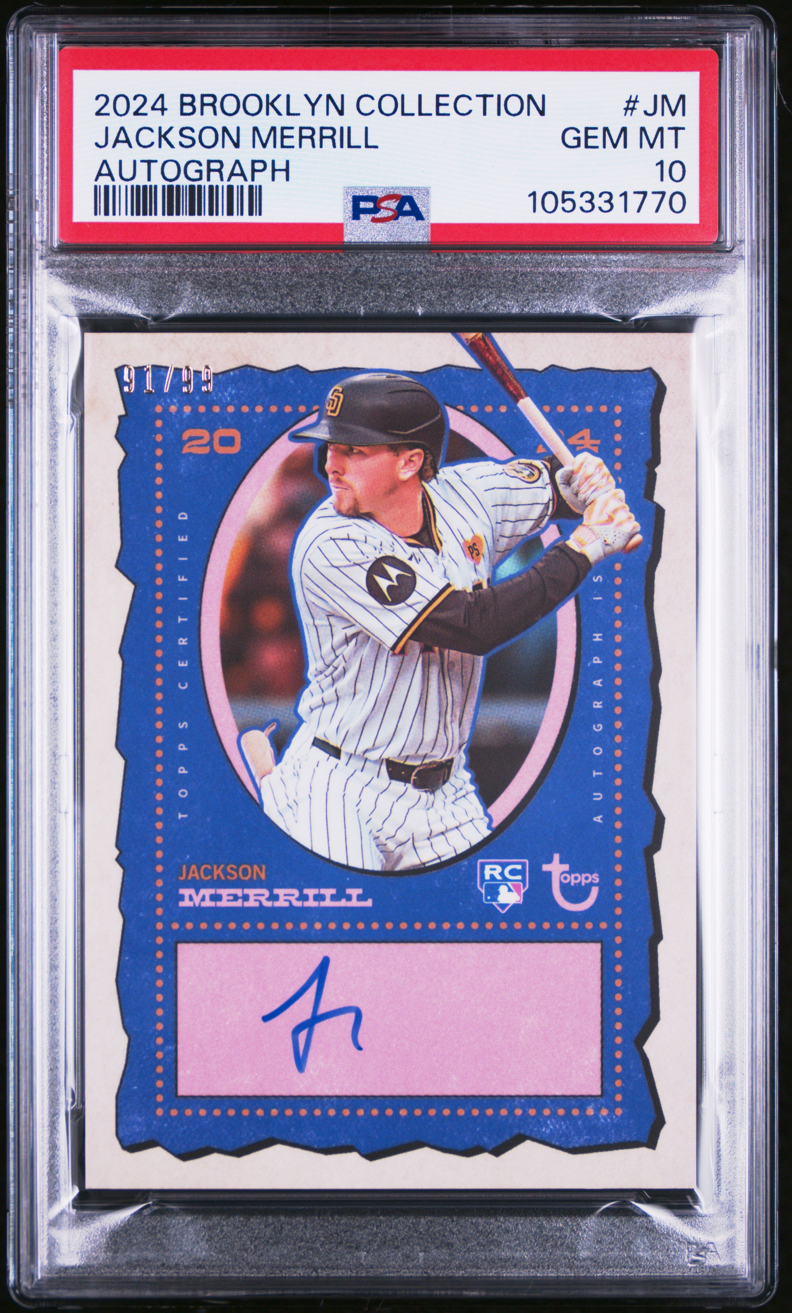 2024 Topps Brooklyn Collection Autographs Jackson Merrill #Jm Gem Mt 10 front