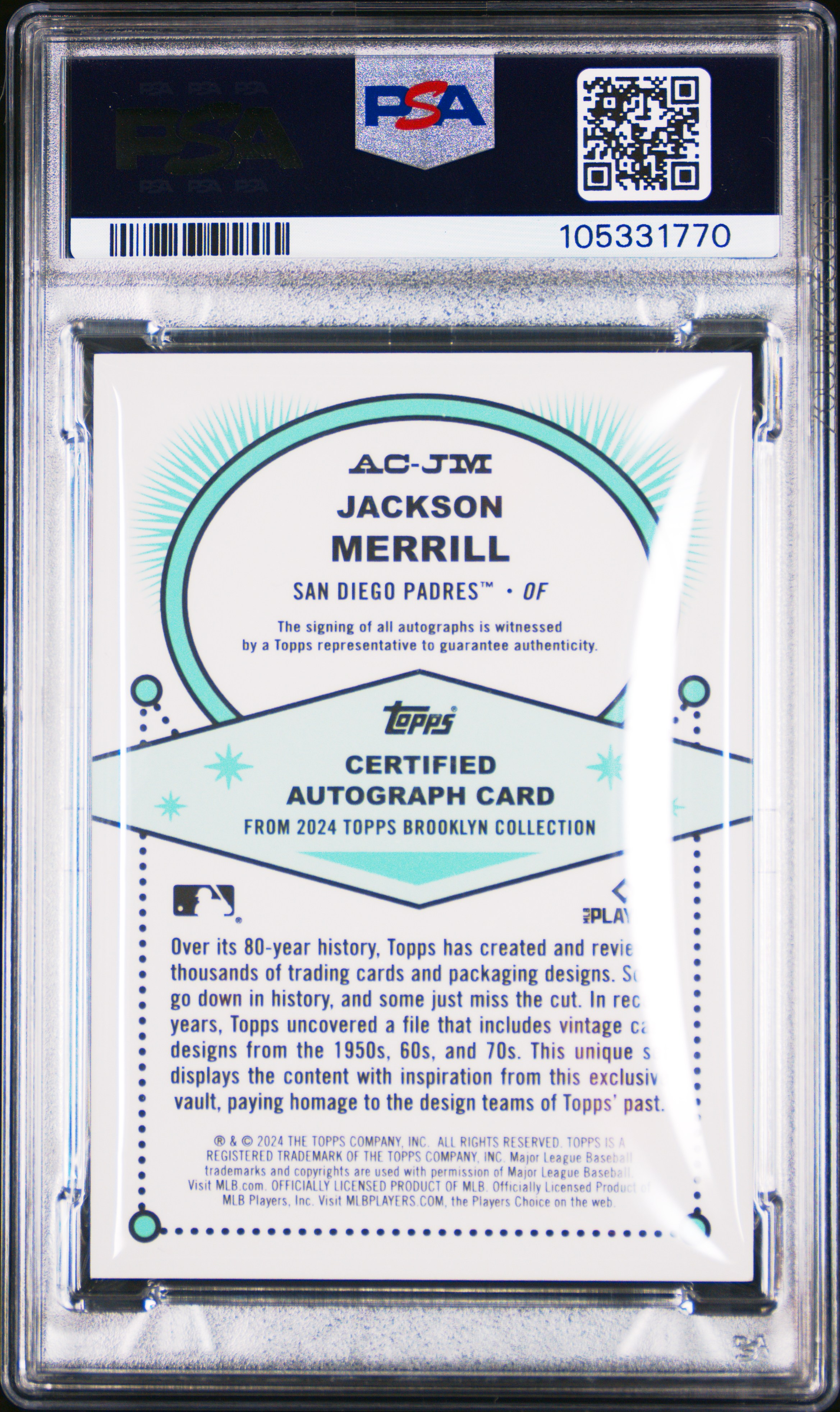 2024 Topps Brooklyn Collection Autographs Jackson Merrill #Jm Gem Mt 10 back
