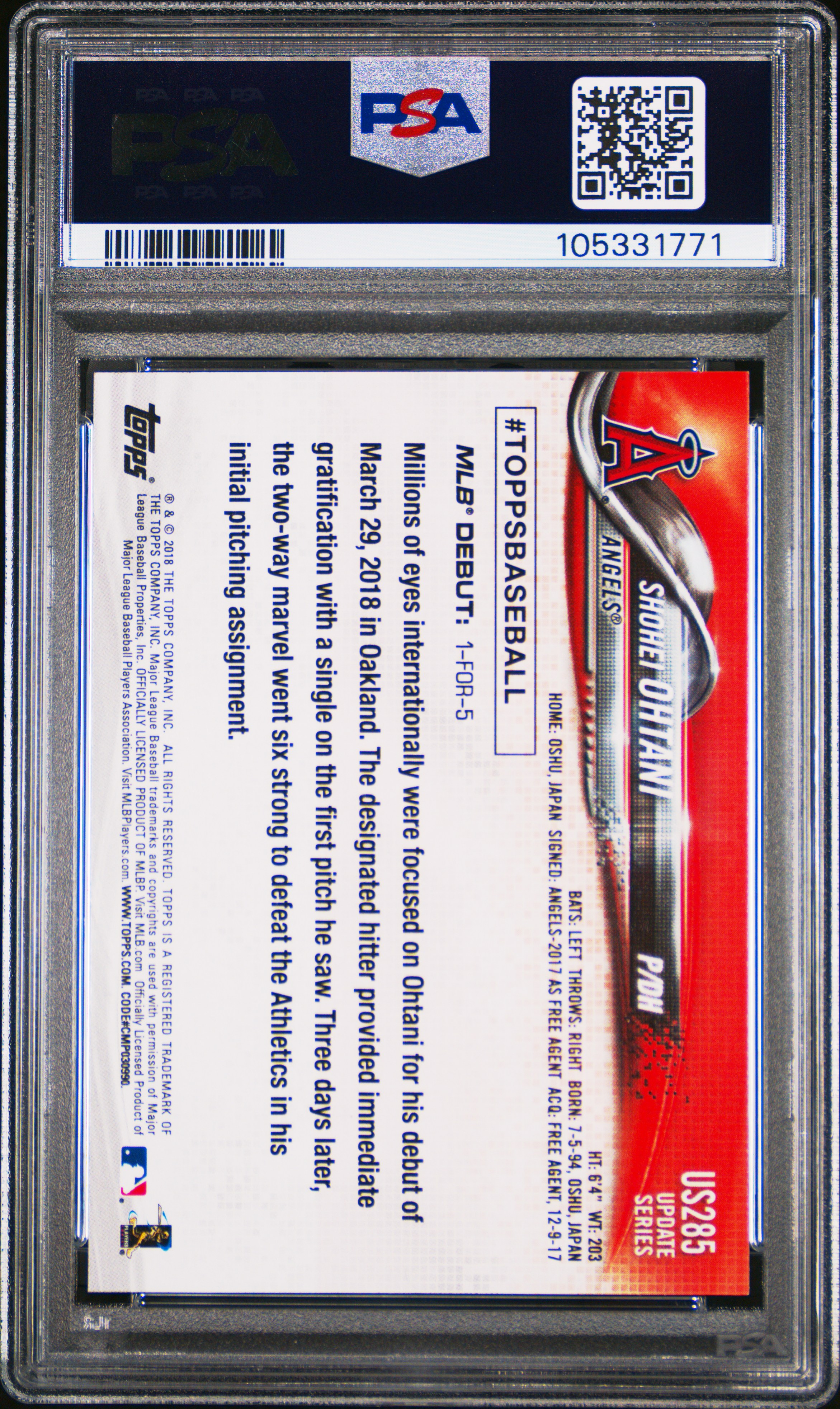 2018 Topps Update Shohei Ohtani #Us285 Gem Mt 10 back