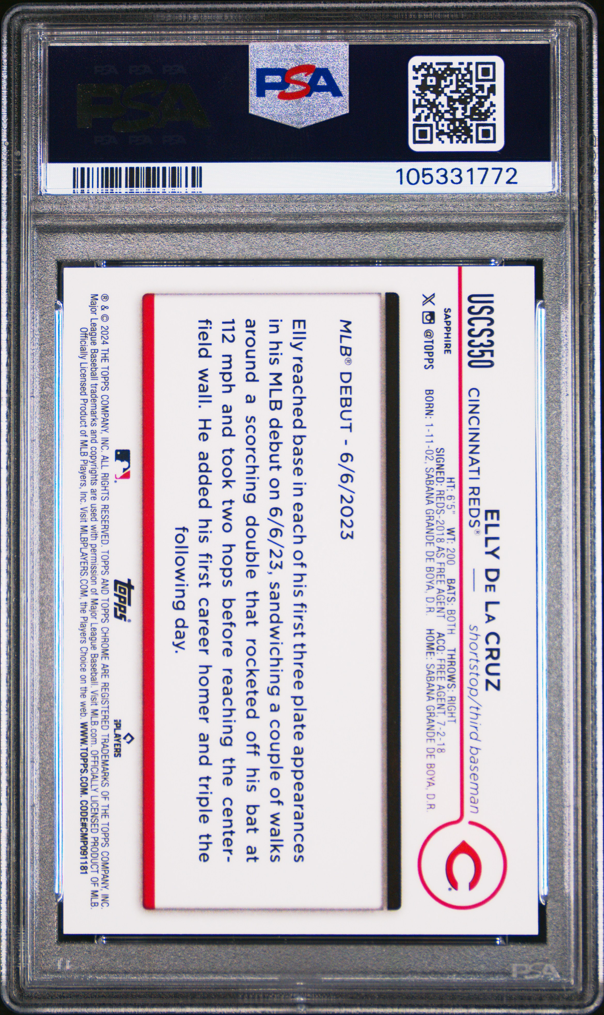 2024 Topps Chrome Sapphire Update Series Elly De La Cruz #350 (Gold) Mint 9 back