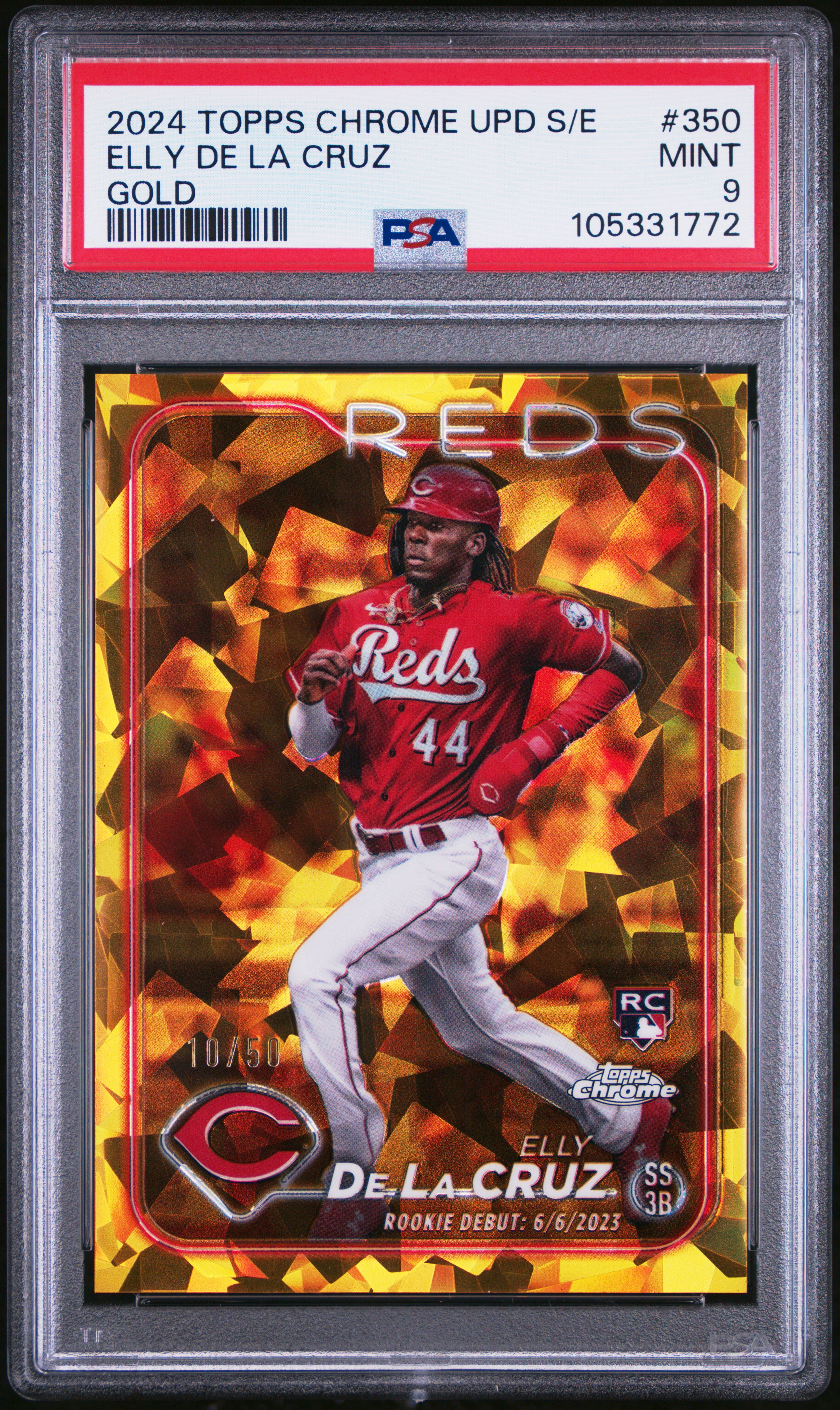 2024 Topps Chrome Sapphire Update Series Elly De La Cruz #350 (Gold) Mint 9 front