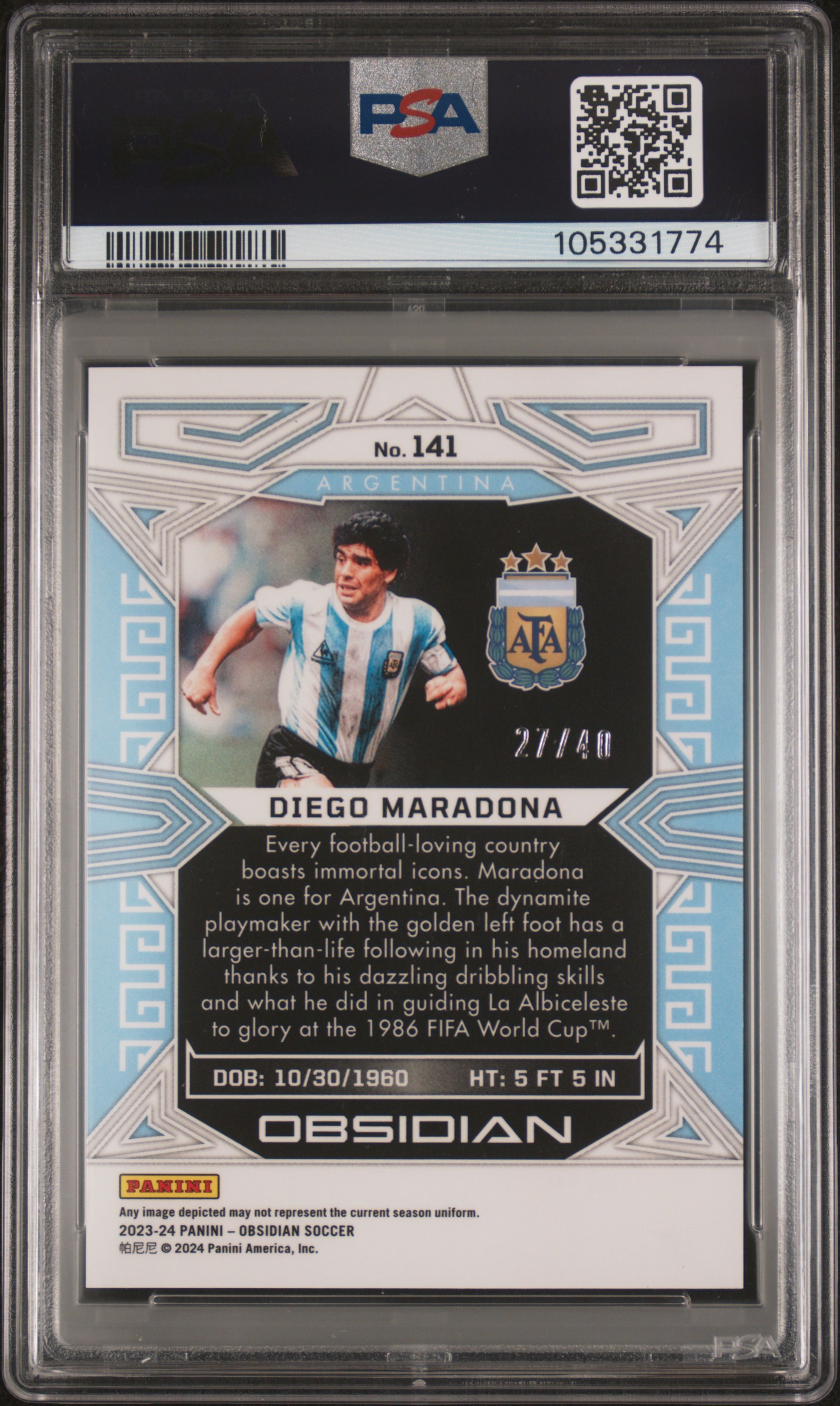 2023 Panini Obsidian Diego Maradona #141 (Electric Etch Orange) Gem Mt 10 back