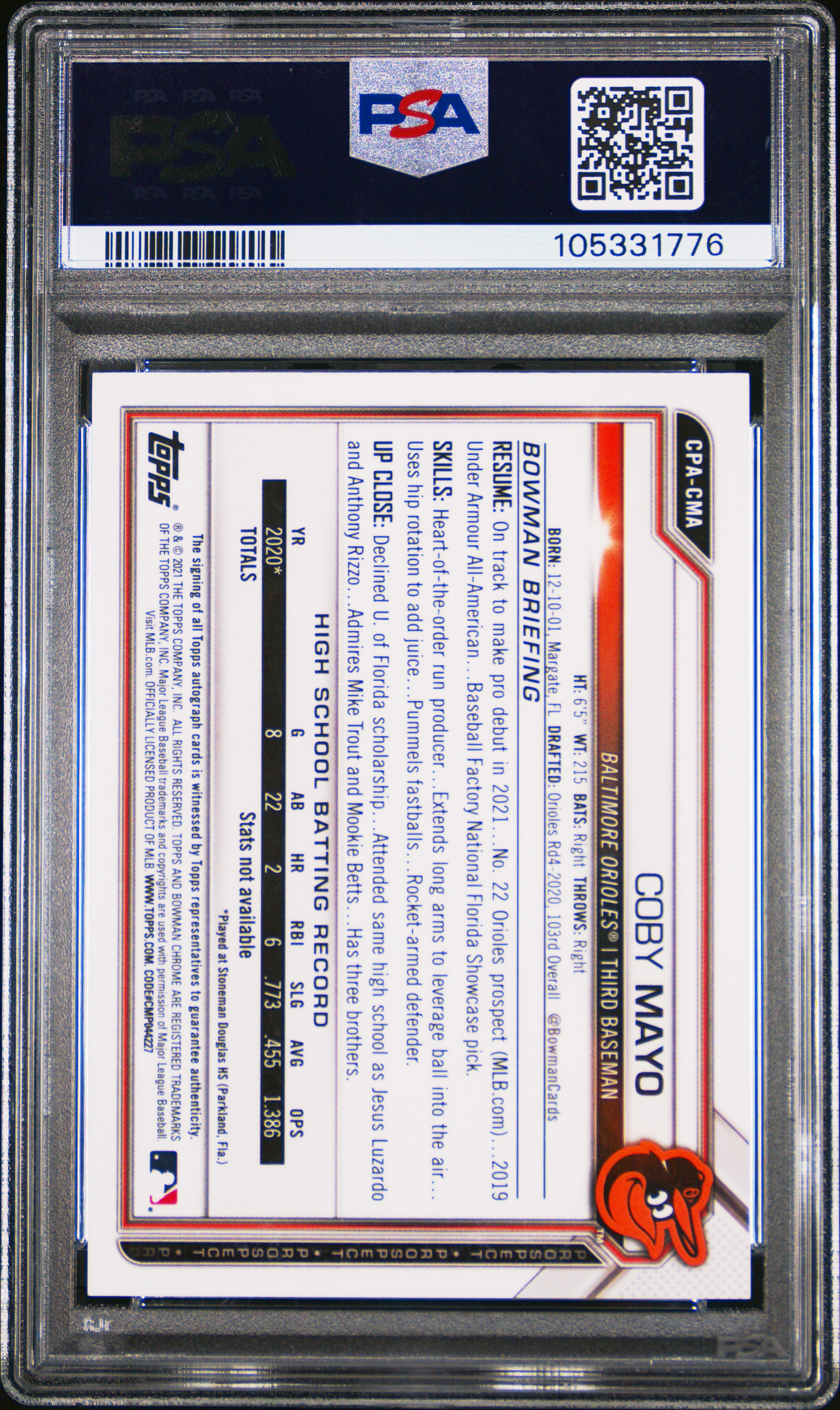 2021 Bowman Chrome Prospect Autographs Coby Mayo #Cpacma (Chrome Prospect Auto.) Gem Mt 10 back