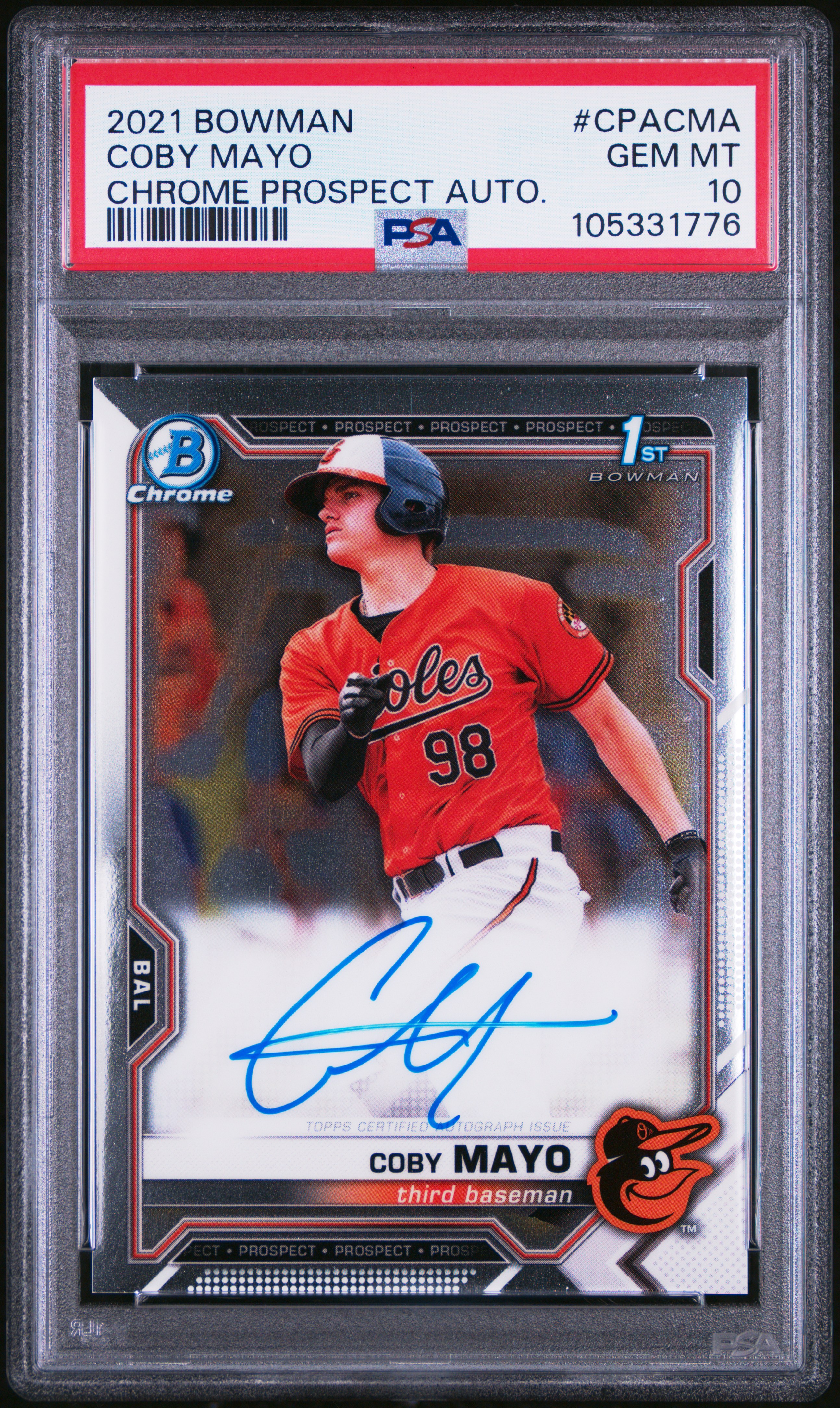 2021 Bowman Chrome Prospect Autographs Coby Mayo #Cpacma (Chrome Prospect Auto.) Gem Mt 10 front