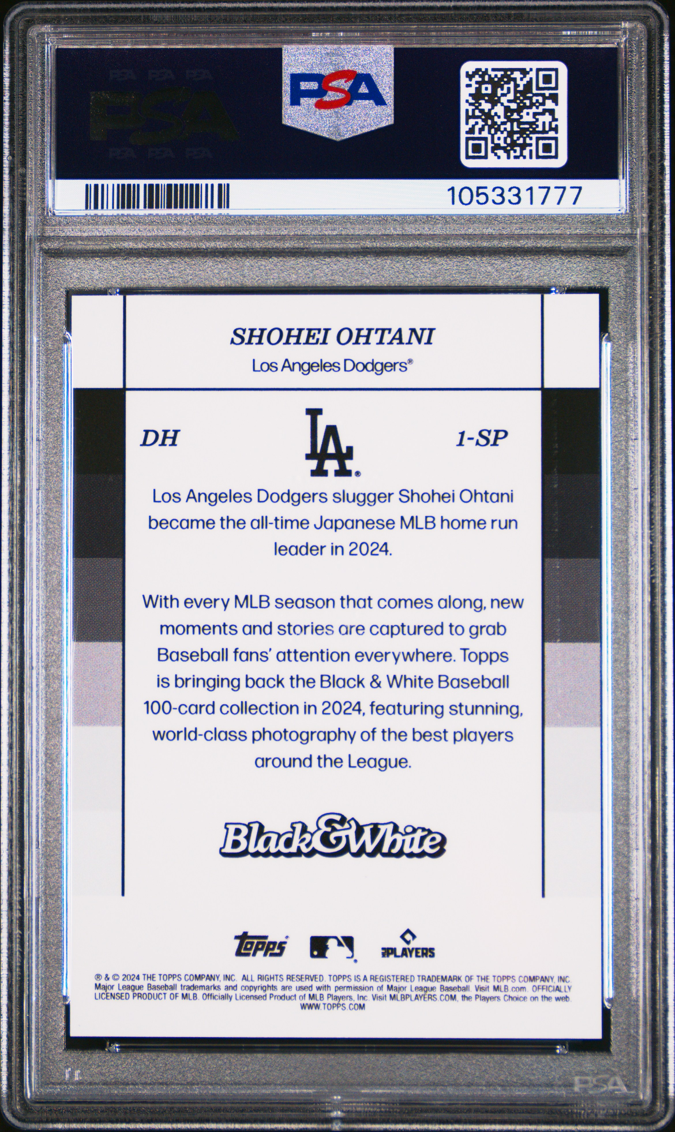 2024 Topps Black And White Shohei Ohtani #1Sp (Variation-Sp) Gem Mt 10 back