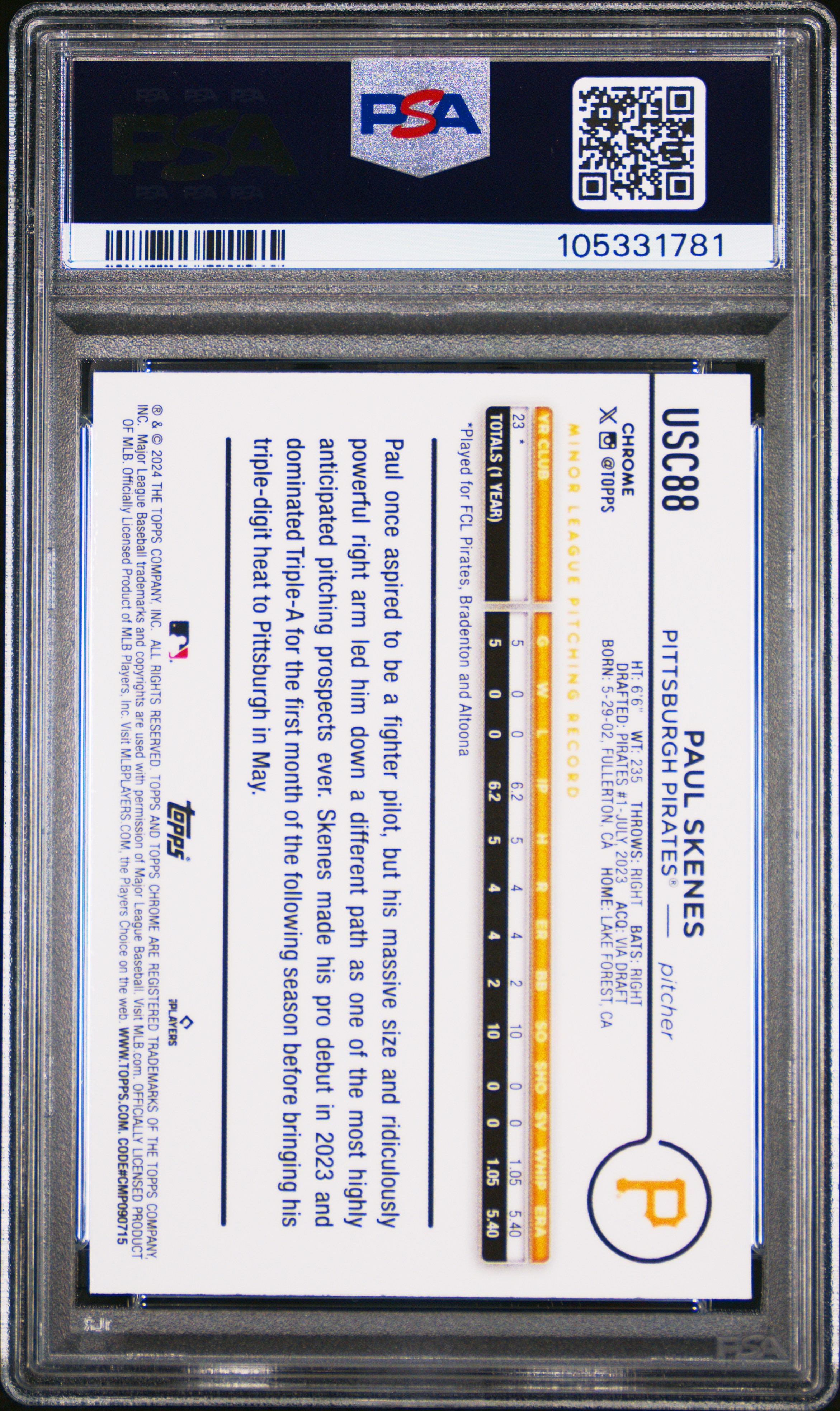2024 Topps Chrome Update Paul Skenes #Usc88 (X-Fractor) Gem Mt 10 back