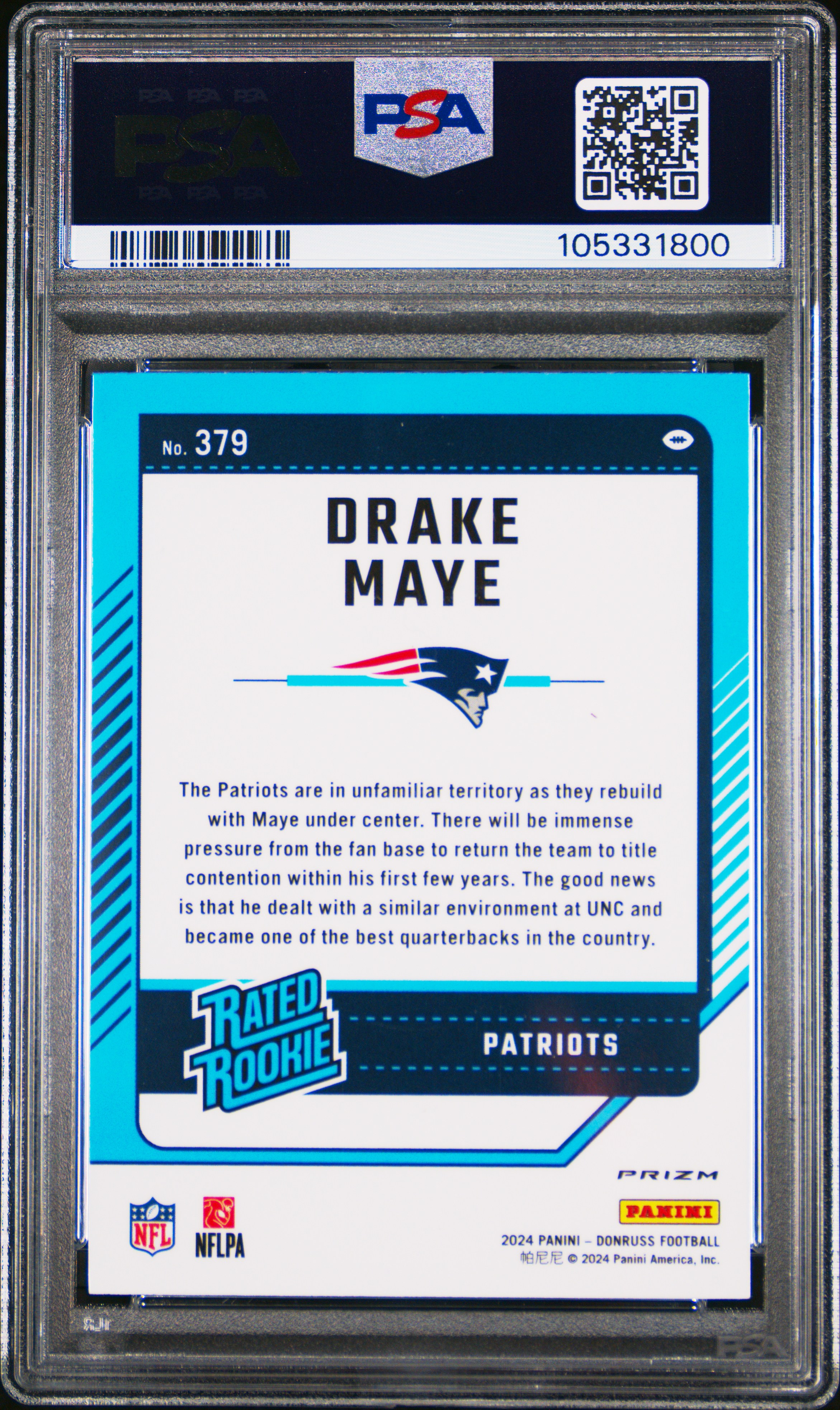 2024 Panini Donruss Drake Maye #379 (Optic Preview-Red & Green) Gem Mt 10 back