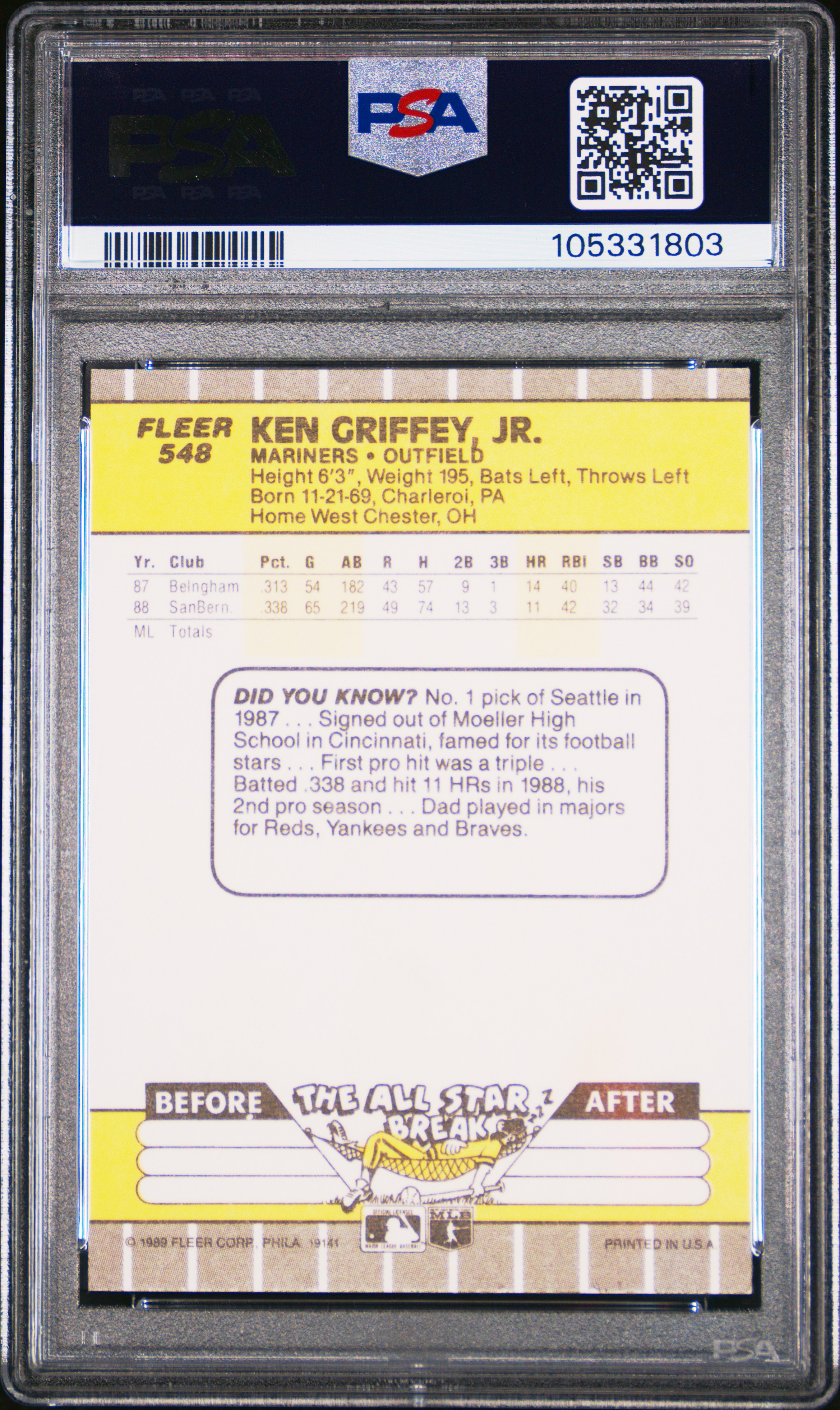 1989 Fleer Ken Griffey Jr. #548 Mint 9 back
