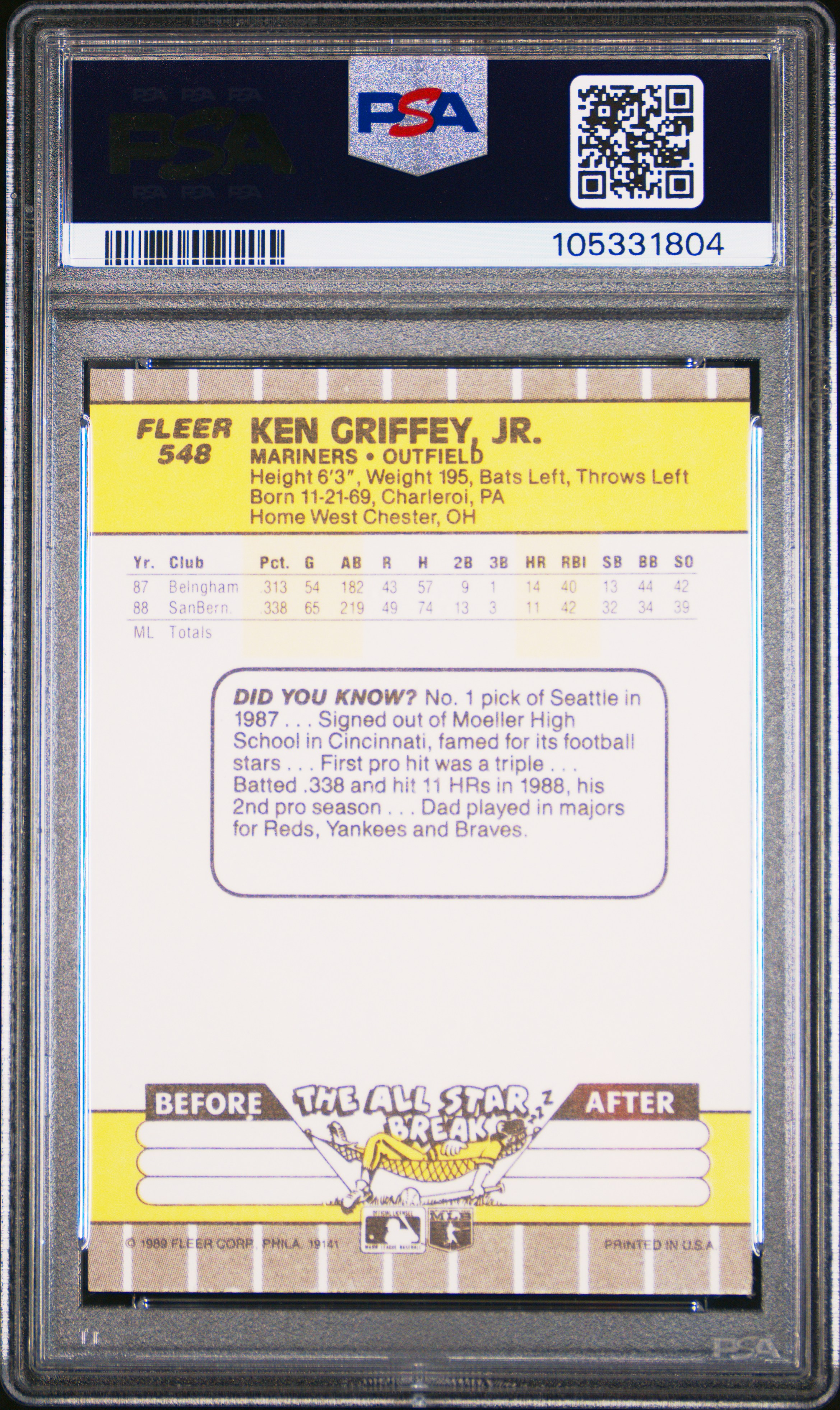1989 Fleer Ken Griffey Jr. #548 Nm-Mt 8 back