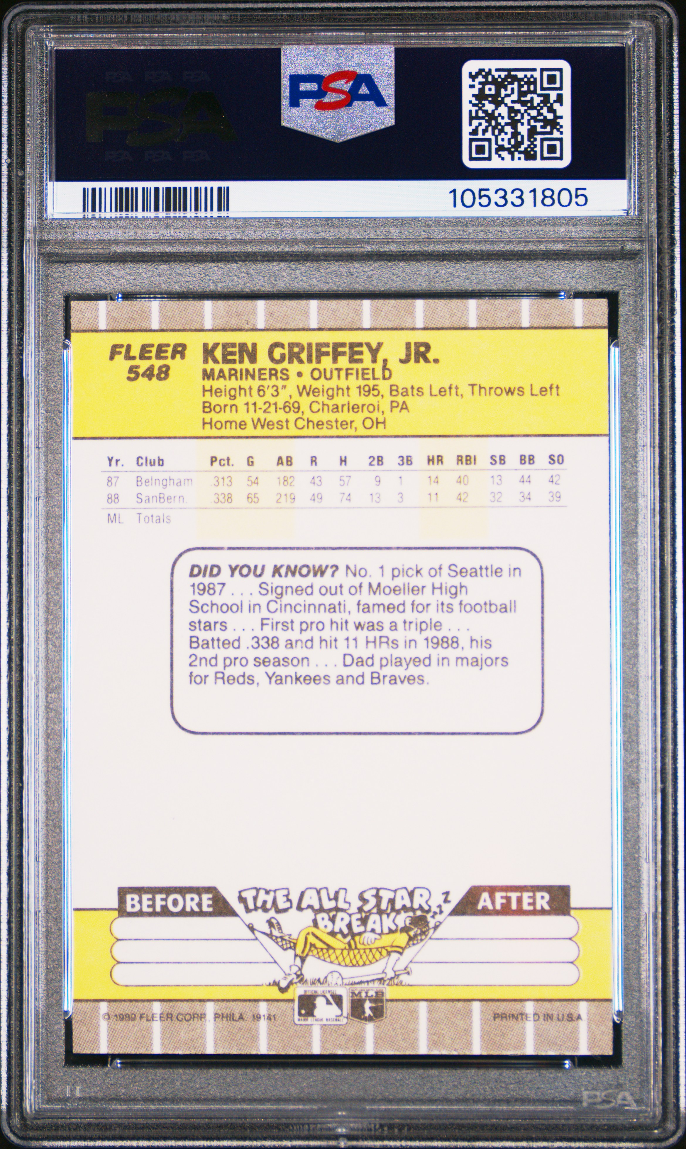 1989 Fleer Ken Griffey Jr. #548 Mint 9 back