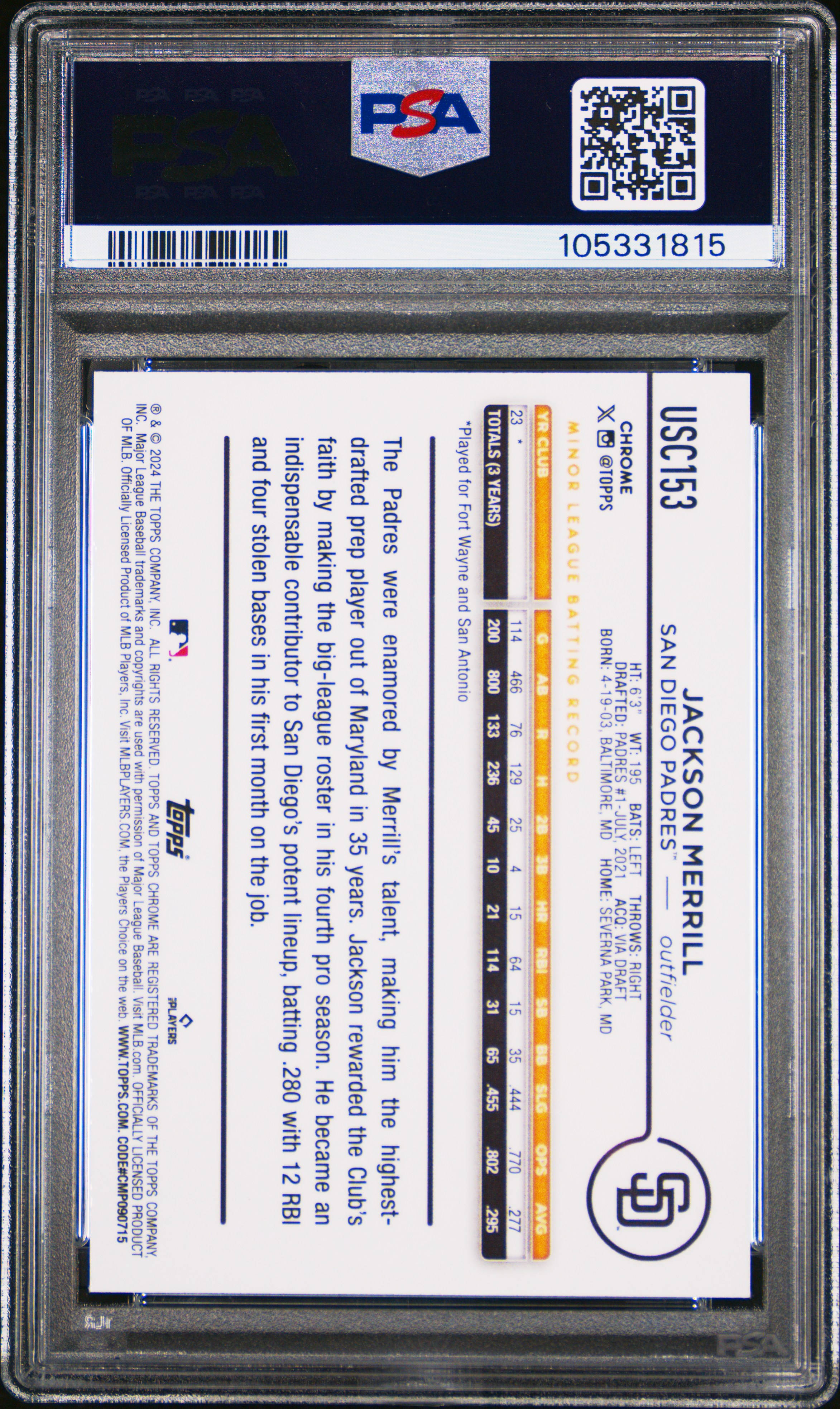 2024 Topps Chrome Update Jackson Merrill #Usc153 (X-Fractor) Mint 9 back