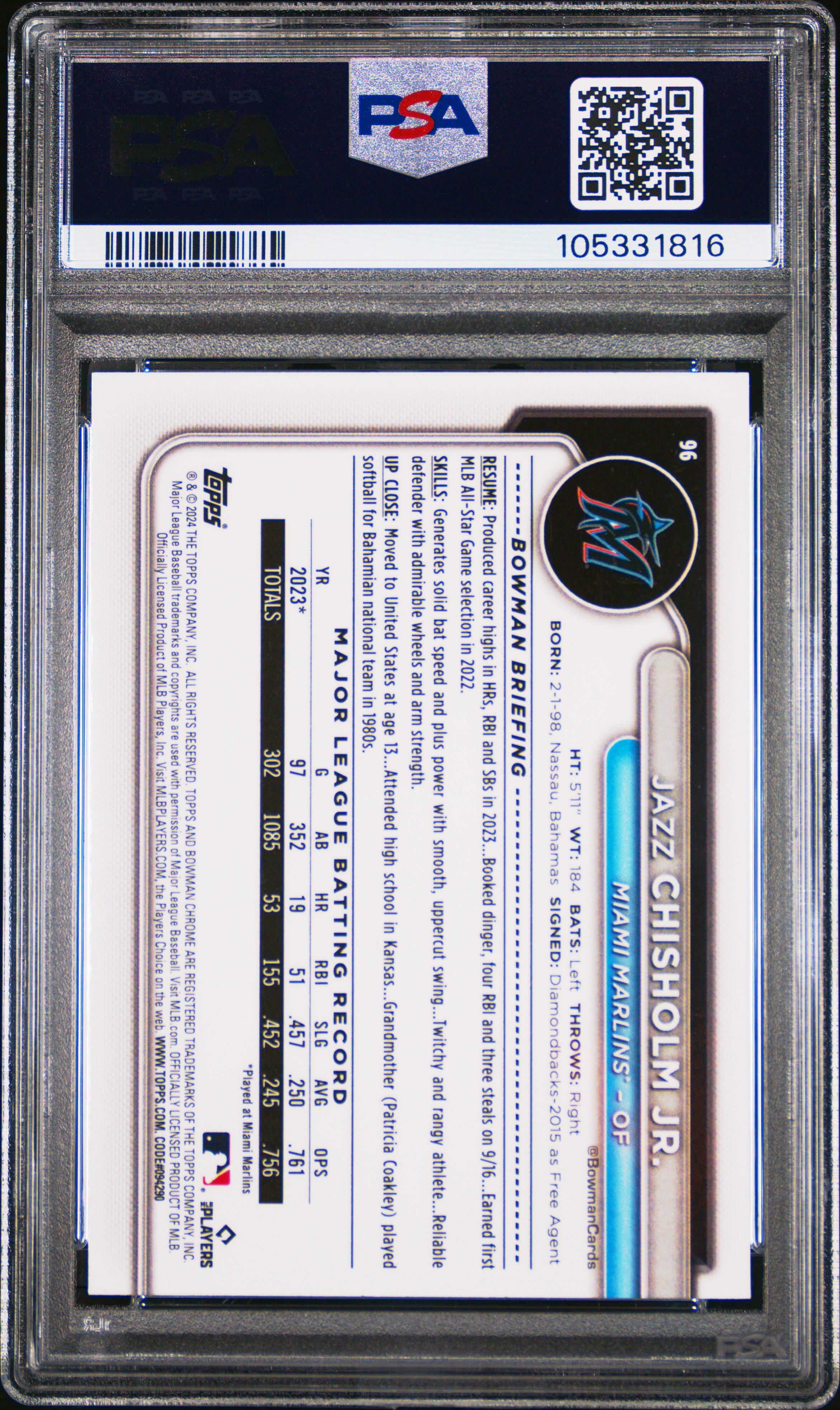 2024 Bowman Chrome Mega Box Jazz Chisholm Jr. #96 (Orange Refractor) Mint 9 back