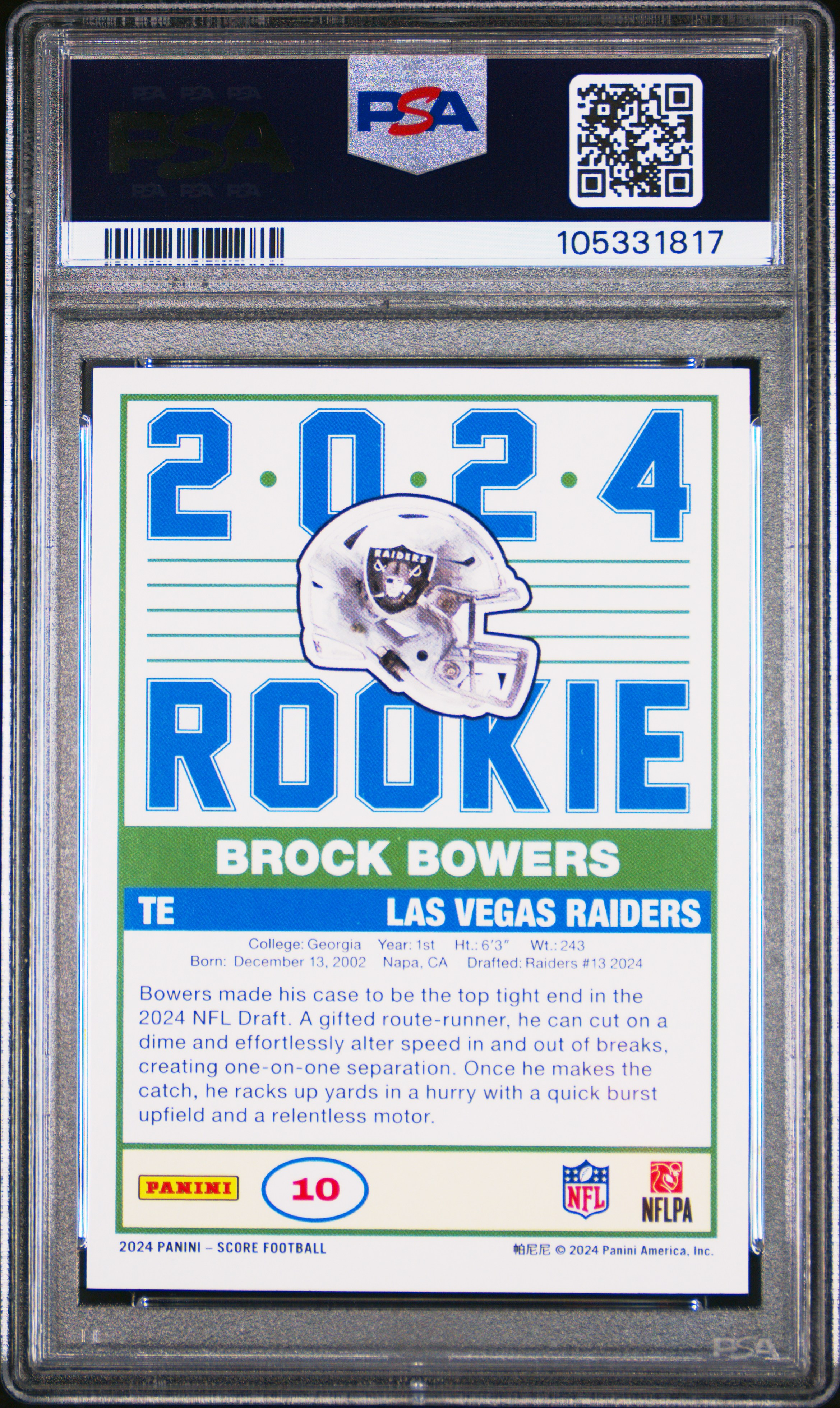 2024 Panini Score 35Th Anniversary Rookie Brock Bowers #10 Gem Mt 10 back