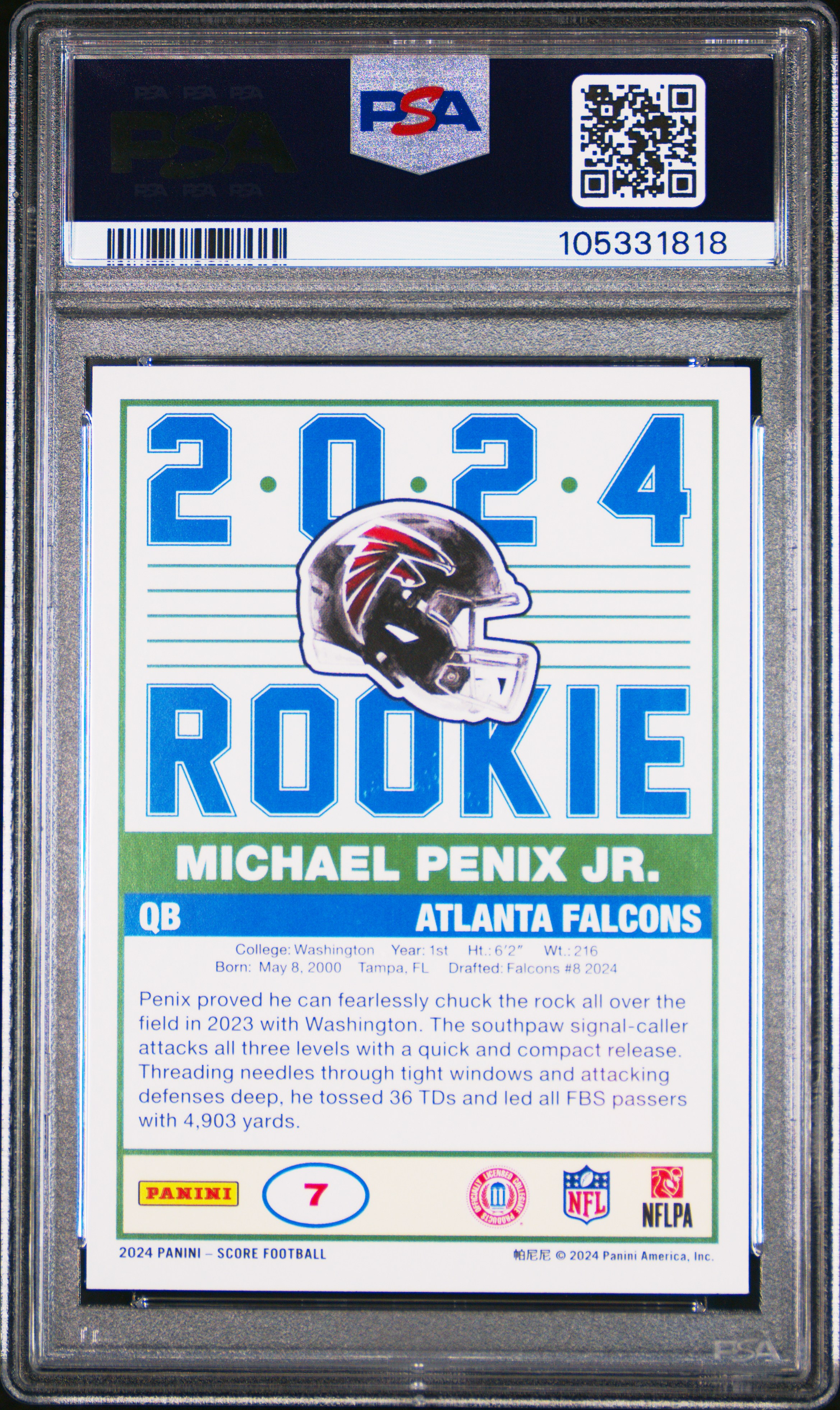 2024 Panini Score 35Th Anniversary Rookie Michael Penix Jr. #7 Gem Mt 10 back