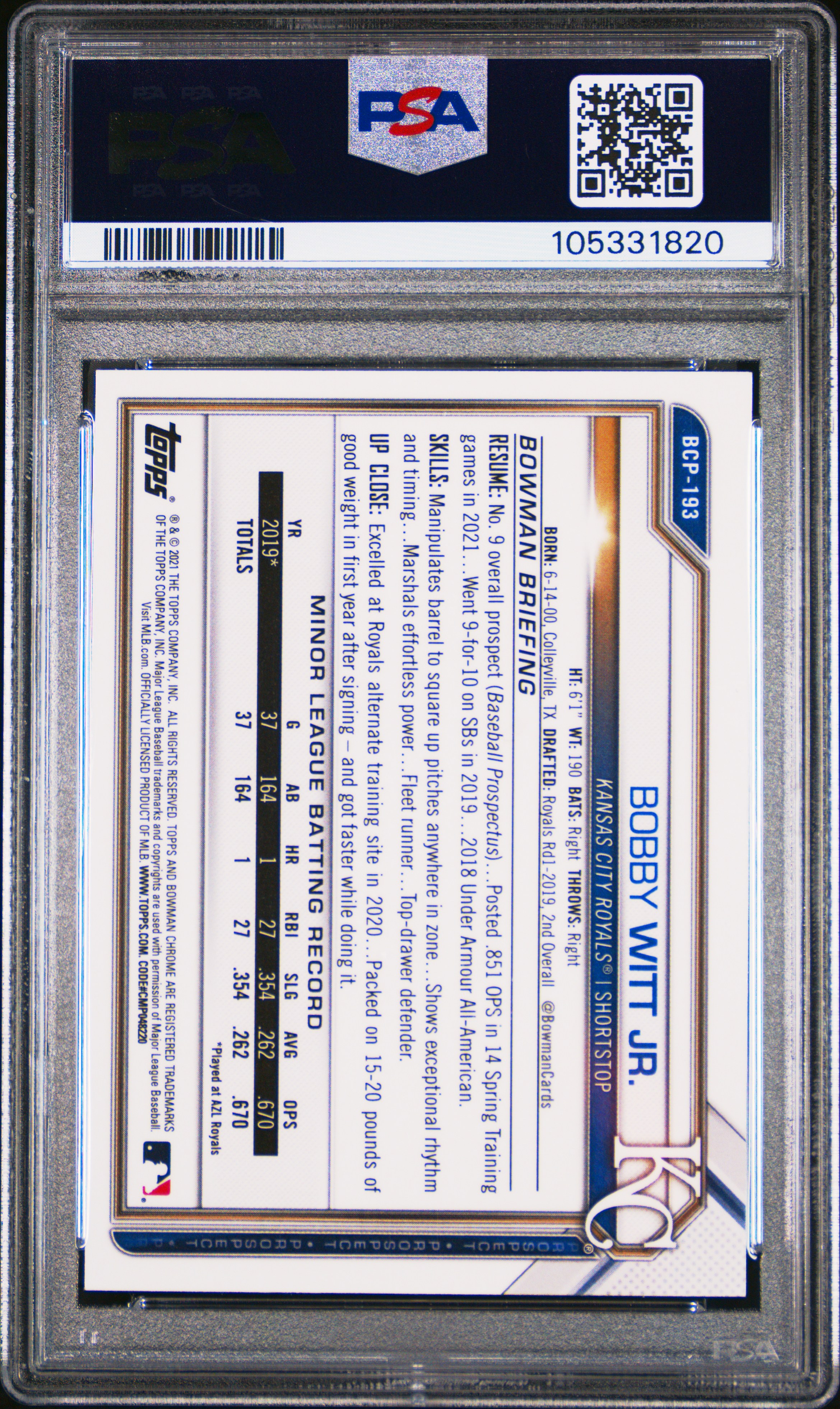 2021 Bowman Chrome Mega Box Bobby Witt Jr. #193 Mint 9 back