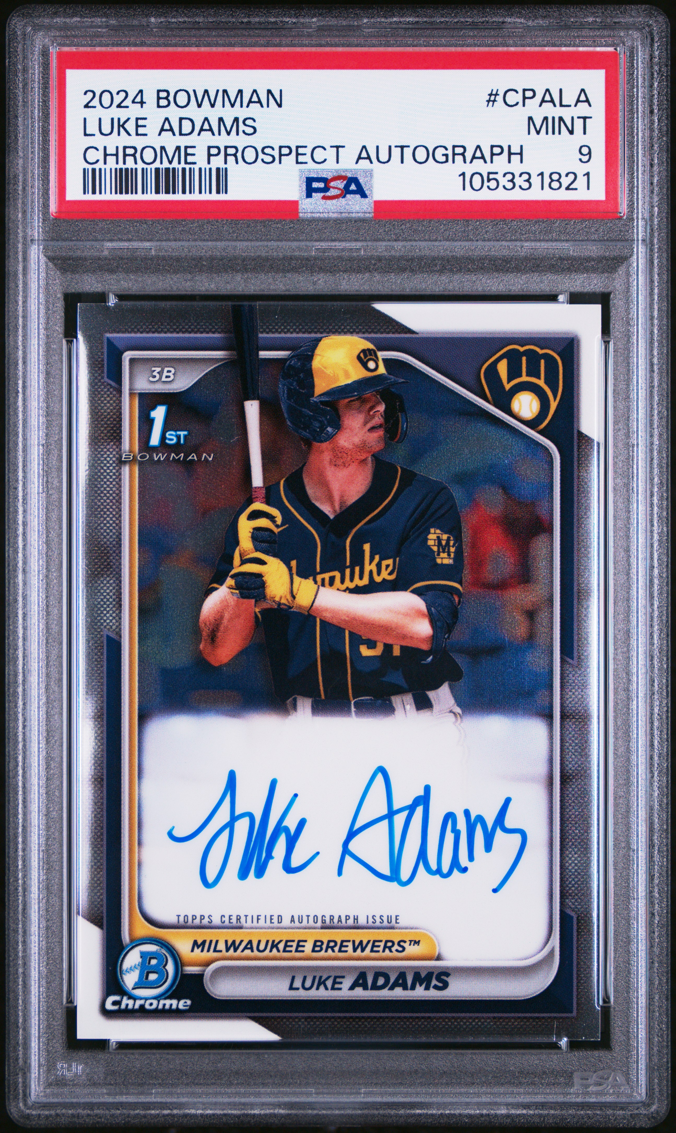 2024 Bowman Chrome Prospect Autographs Luke Adams #Cpala Mint 9 front