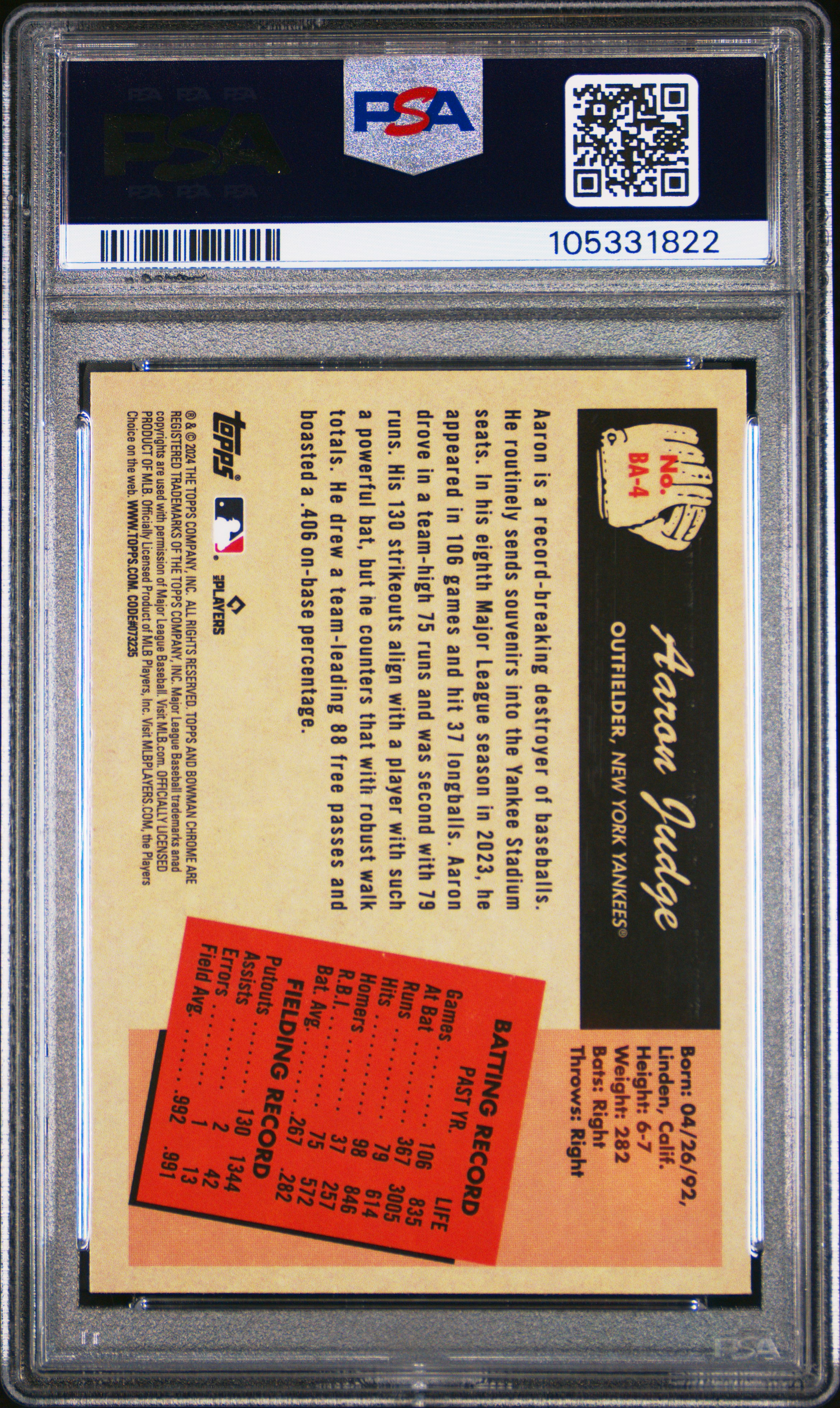 2024 Bowman 1955 Bowman Anime Aaron Judge #Ba4 Gem Mt 10 back