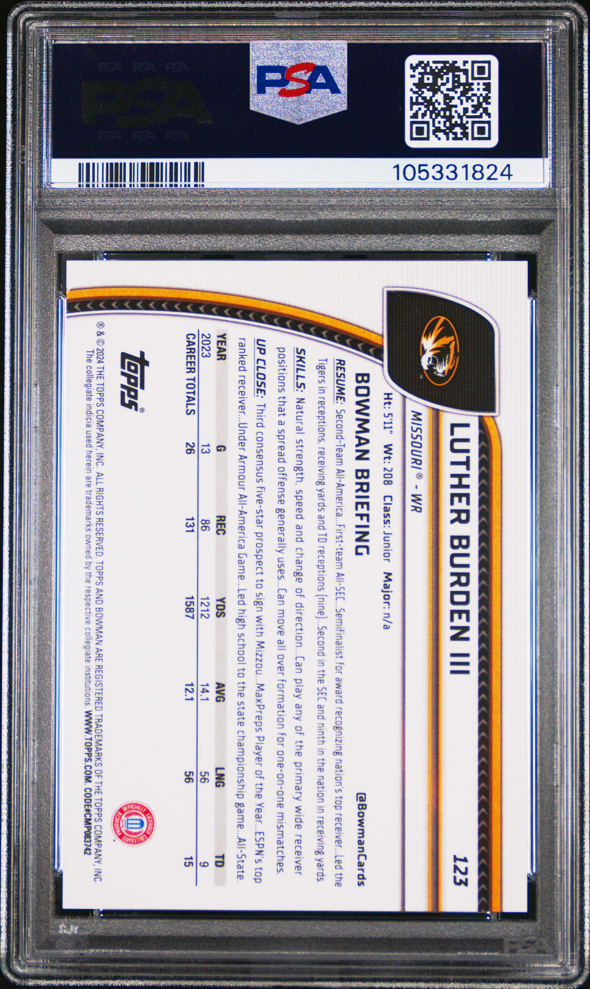 2024 Bowman University Chrome Luther Burden Iii #123 (Aqua Refractor) Gem Mt 10 back