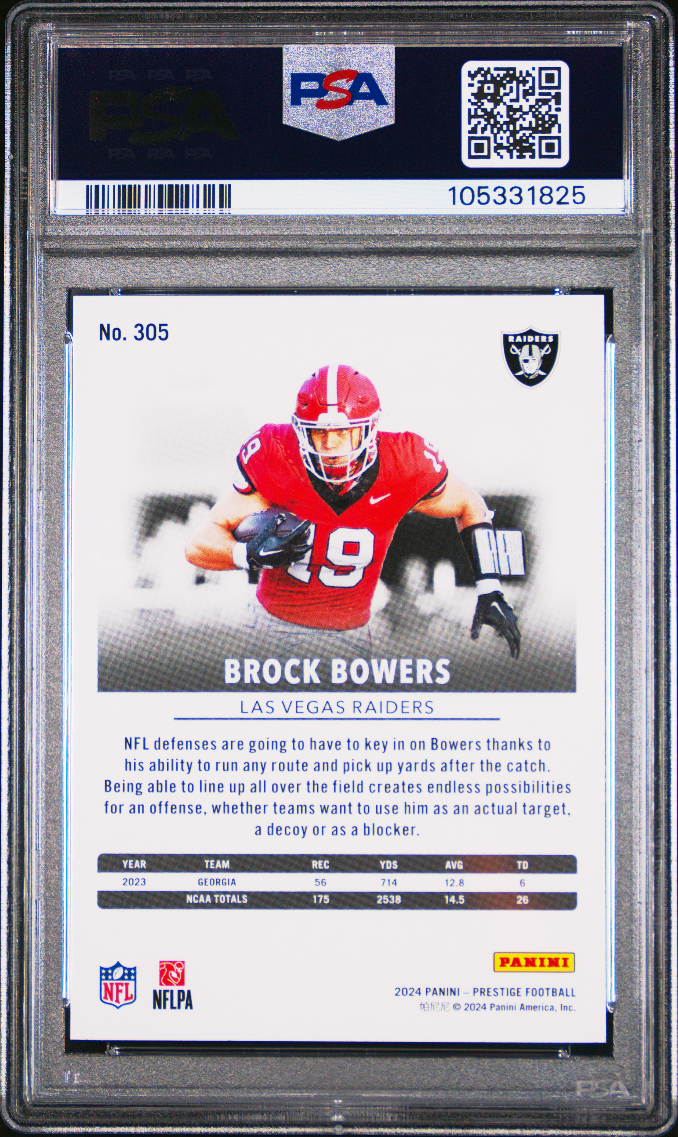 2024 Panini Prestige Brock Bowers #305 Gem Mt 10 back
