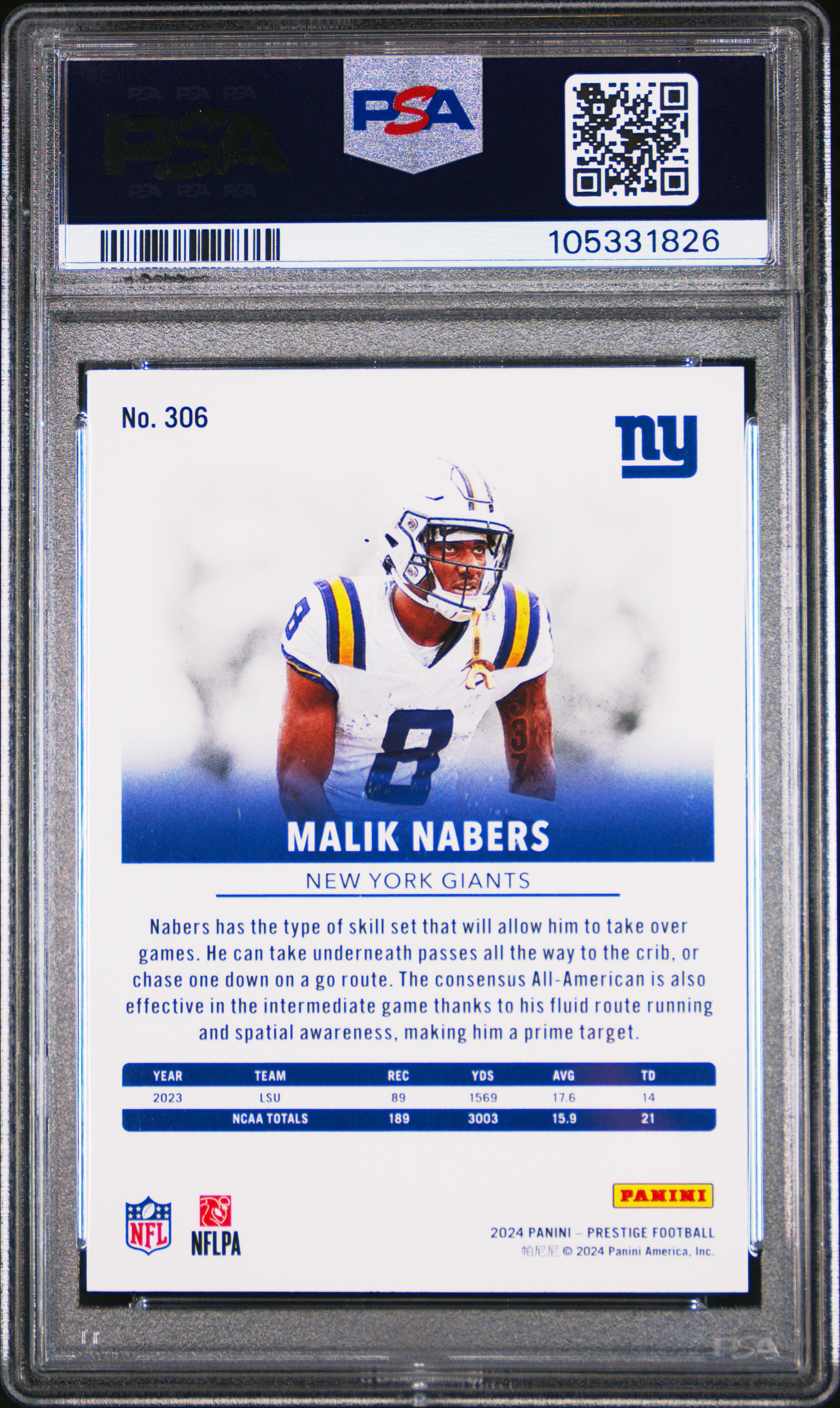 2024 Panini Prestige Malik Nabers #306 Mint 9 back