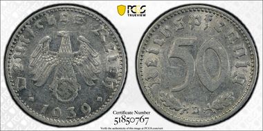 1939-D 50 Pfg J-372 Aluminum AU55