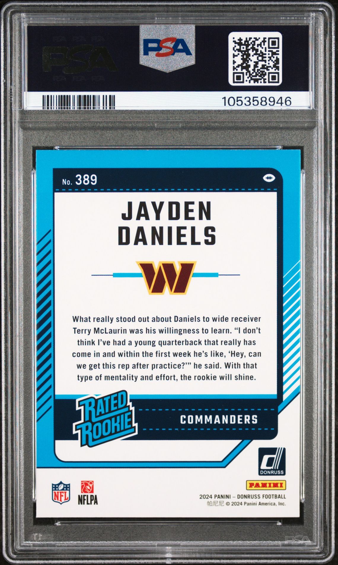 2024 Panini Donruss Jayden Daniels #389 Gem Mt 10 back