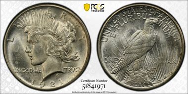 1921 $1 High Relief, Peace MS63