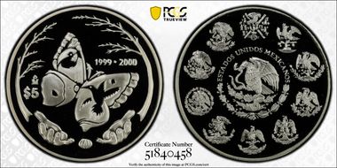 1999-2000-Mo 5 Peso Millennium Series Butterfly PR70DCAM