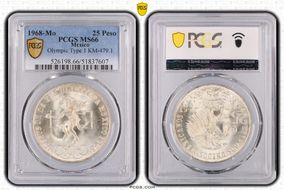 1968-Mo 25 Peso Olympic KM-479.1 Rings Align, Straight Tongue MS66
