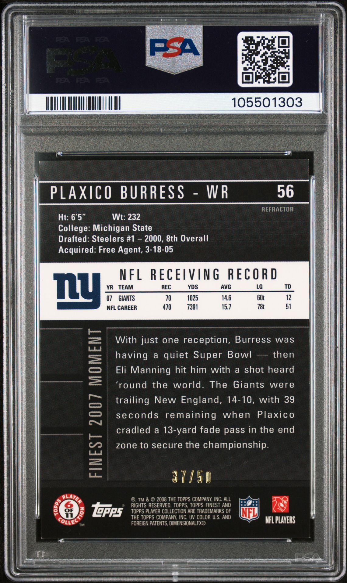 2008 Finest Plaxico Burress #56 (Gold Refractor) Mint 9 back