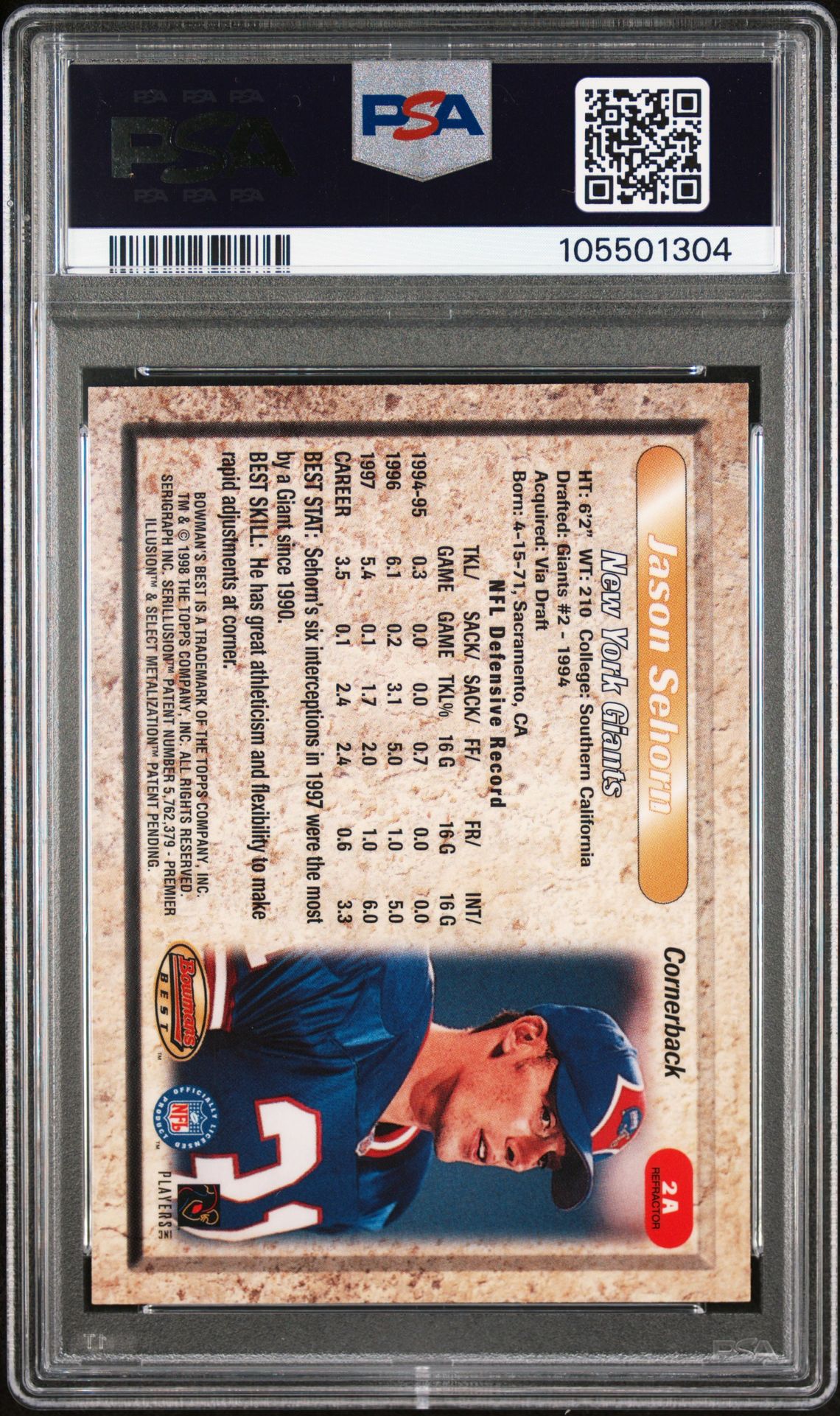 1998 Bowman's Best Autographs Jason Sehorn #2A (Autographs) Nm-Mt 8 back