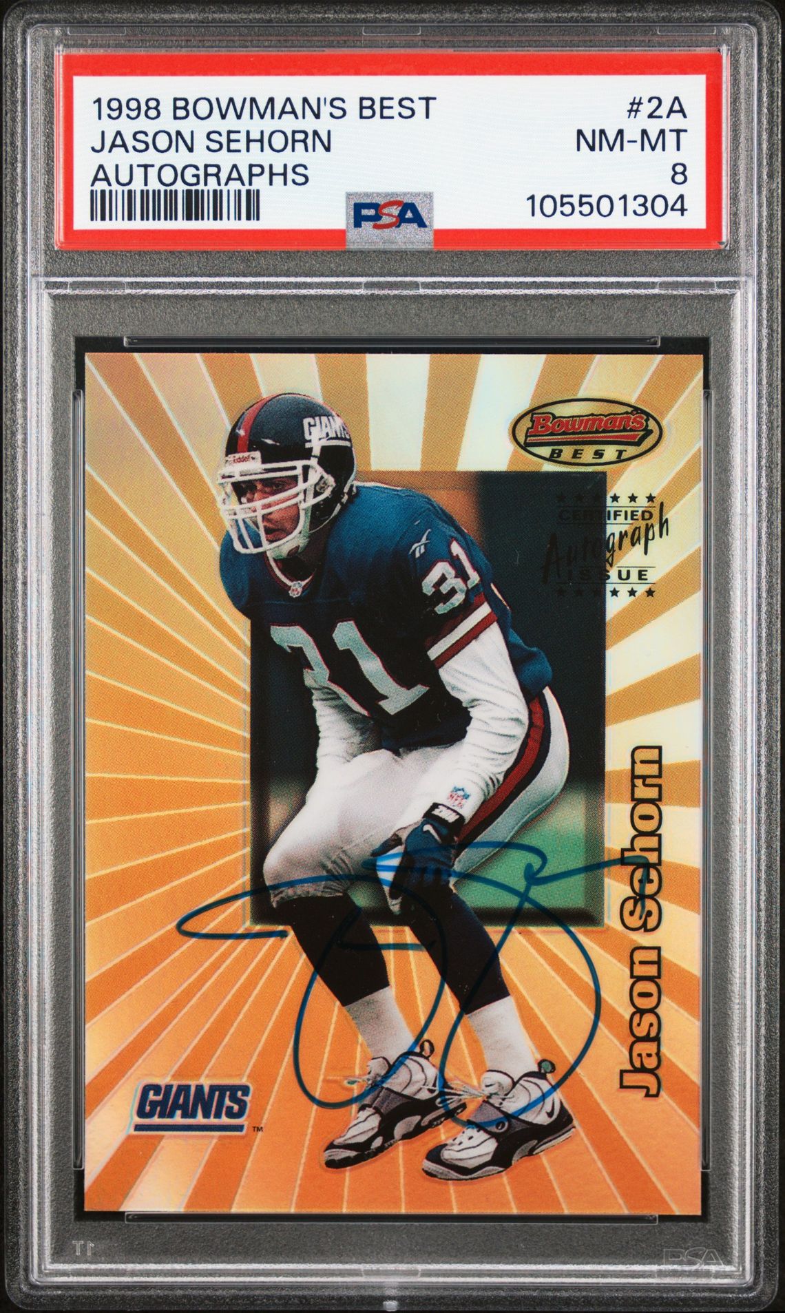 1998 Bowman's Best Autographs Jason Sehorn #2A (Autographs) Nm-Mt 8 front