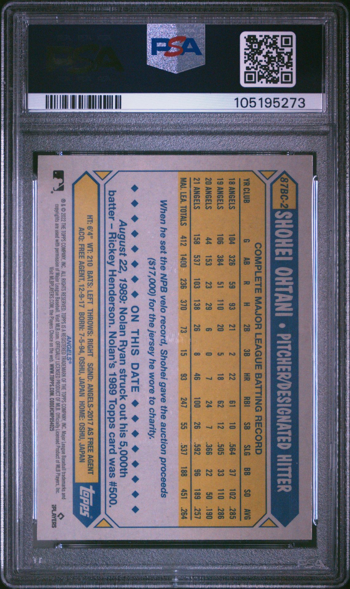 2022 Topps Chrome 1987 Topps Baseball Shohei Ohtani #87Bc2 (1987 Topps Baseball) Nm-Mt 8 back