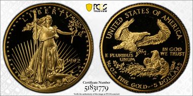 1992-P $5 Gold Eagle PR69DCAM